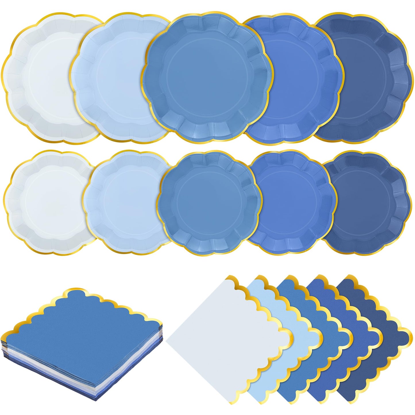 Kochorie 100 Pcs Dusty Blue Paper Plates and Napkins Gold Foil Scalloped Paper Plates & Napkins Disposable Tableware Set for Birthday Wedding Baby Shower Party Decorations