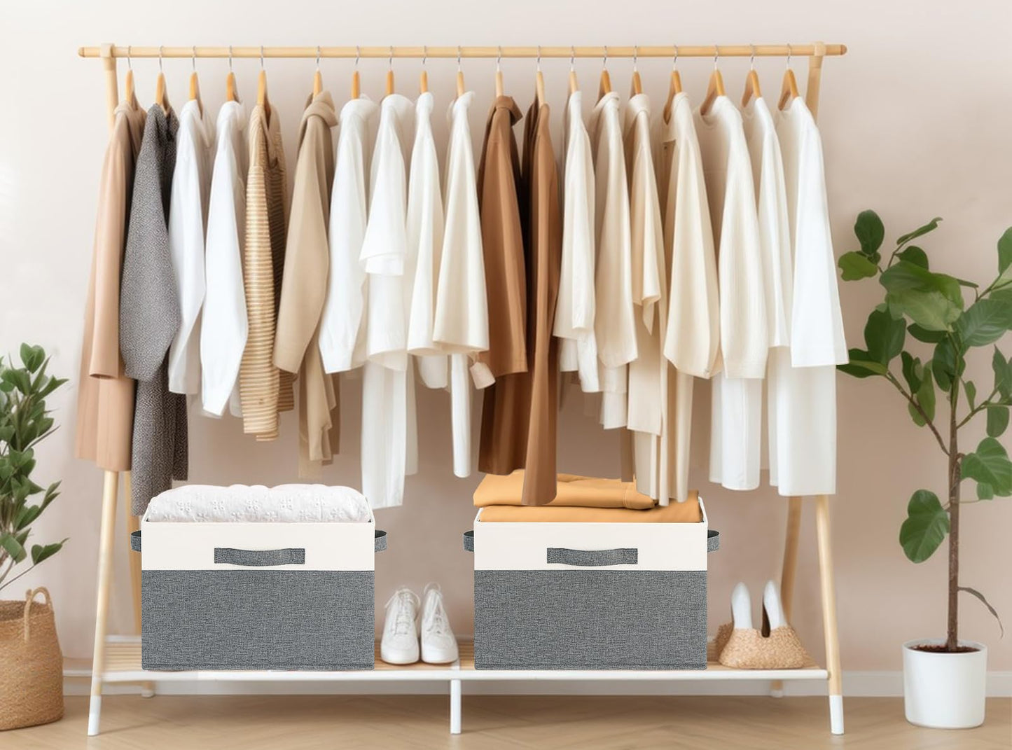 TxvzgHome Large Storage Baskets for Shelves 3 Pack | 15x11x9.6in Fabric Storage Bin with 3 Handles | Collapsible Closet Storage Bins for Shelves (White&Grey)