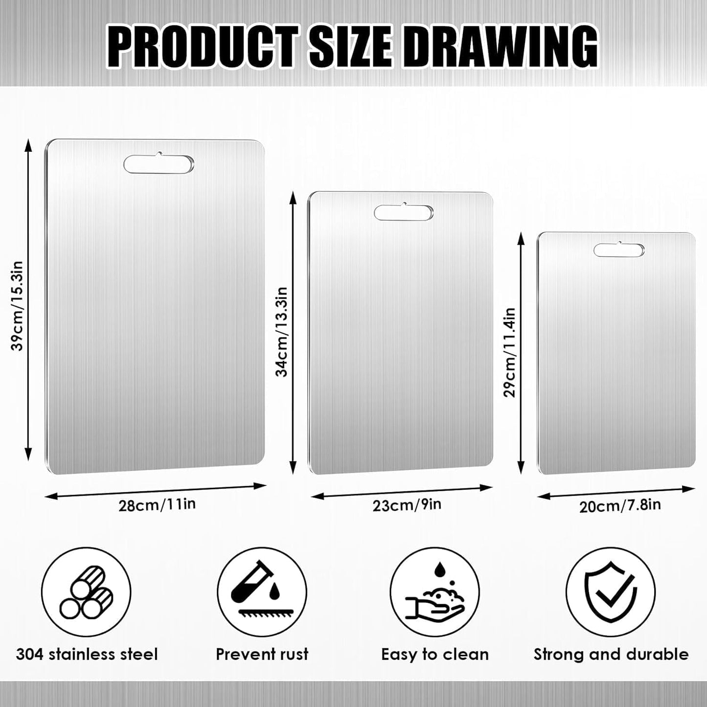 Stainless Steel Cutting Board, 3PCS Cutting Boards for Kitchen Chisel Dishwasher Safe, Double Sided Board Kitchen Supplies for Home Outdoor Camping Meal Preparation