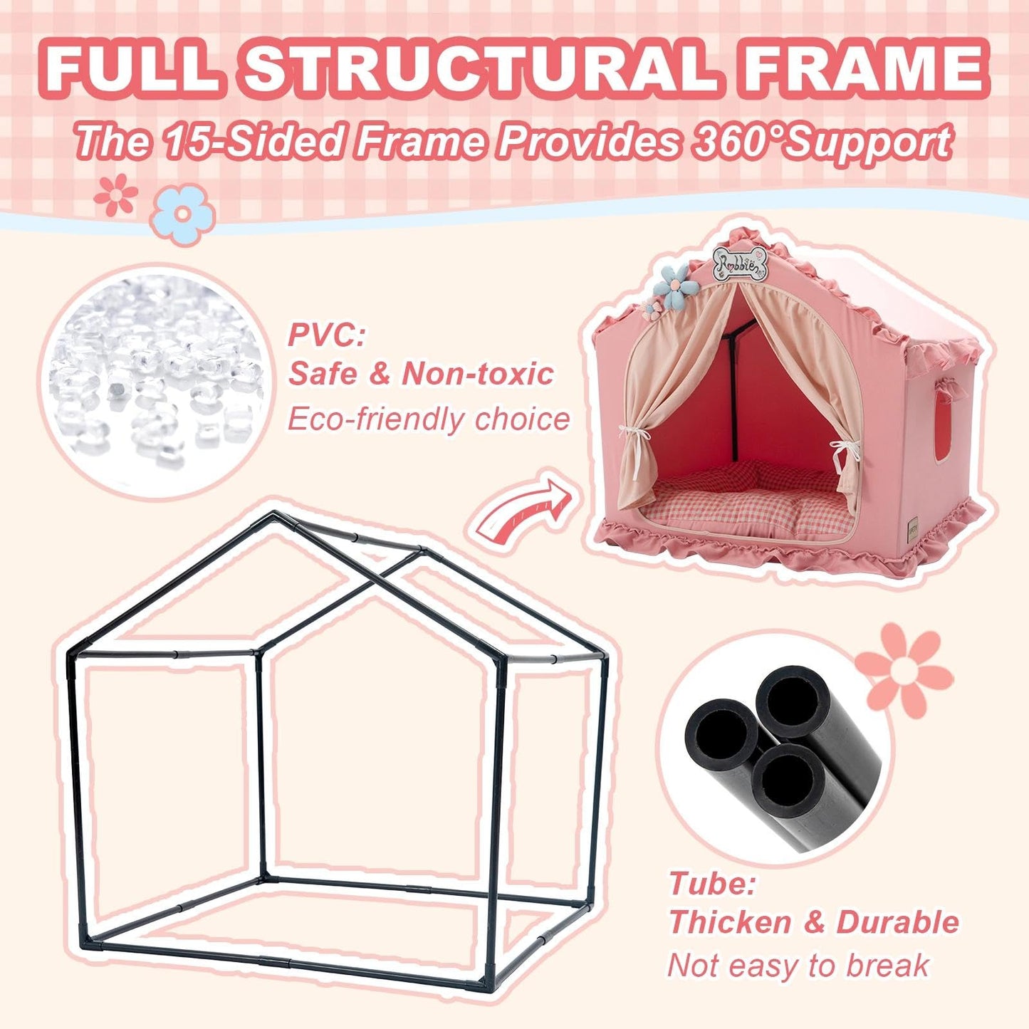 Jiupety Indoor Dog House with Frame, Cute Dog Tent Bed with Cover Cave, Breathable, Washable, and Foldable House, Suitable for 20-40 Lb, Large (25"×25"×25"), Pink