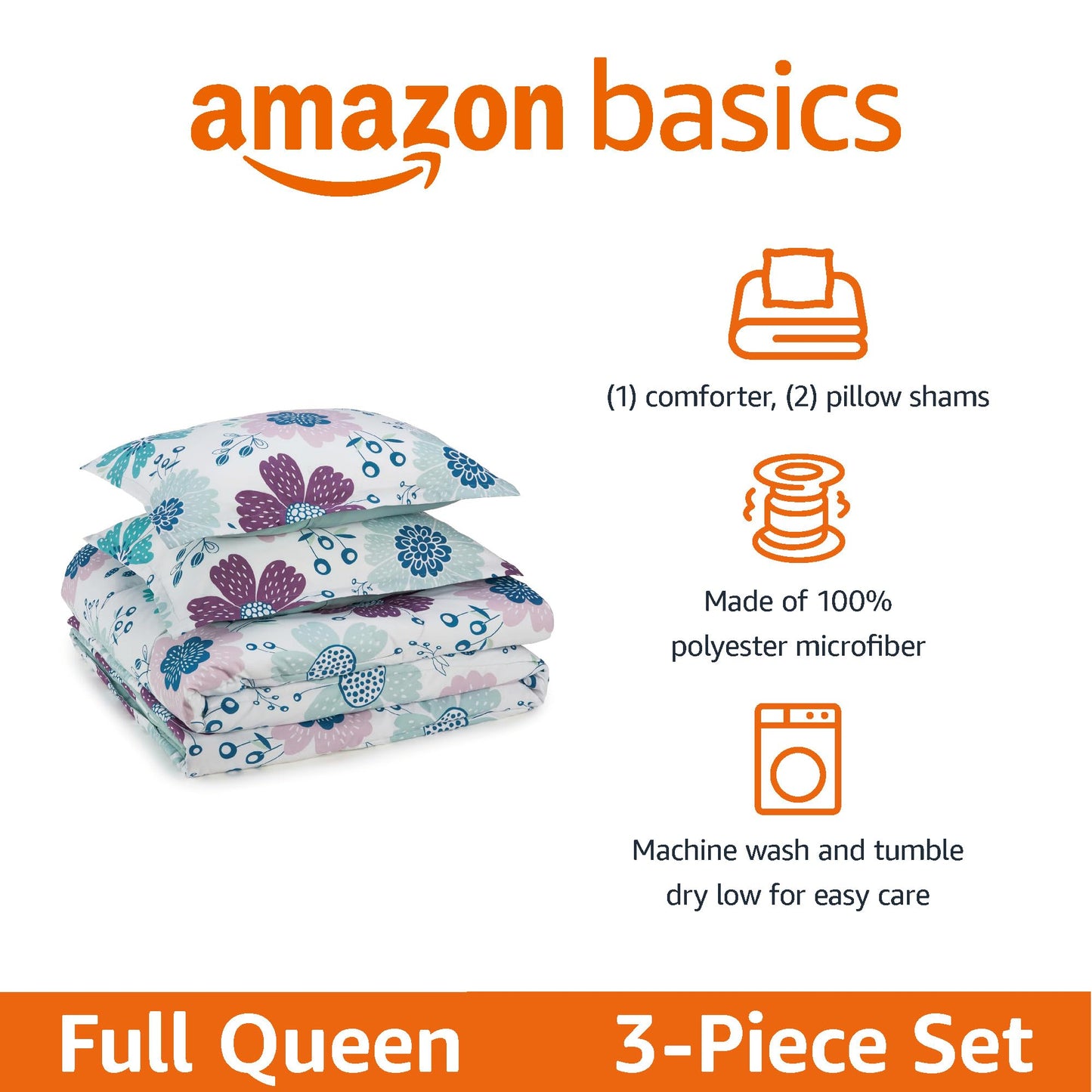 Amazon Basics Microfiber Kid's Comforter and Pillow Sham Set, Full/Queen, Purple Flowers