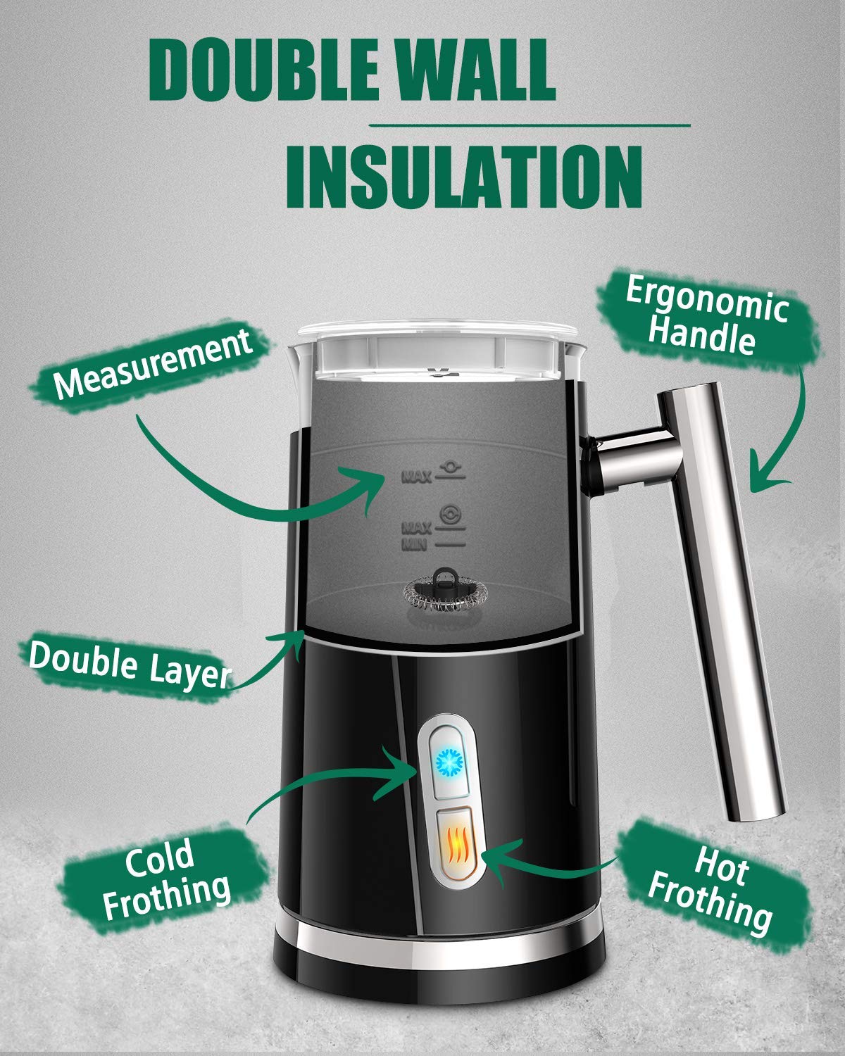 Huogary Electric Milk Frother, 4 in 1 Stainless Steel Milk Steamer, Milk Frother and Steamer for Coffee Milk Warmer for Latte, Cappuccinos, Macchiato (Black 3 in 1)