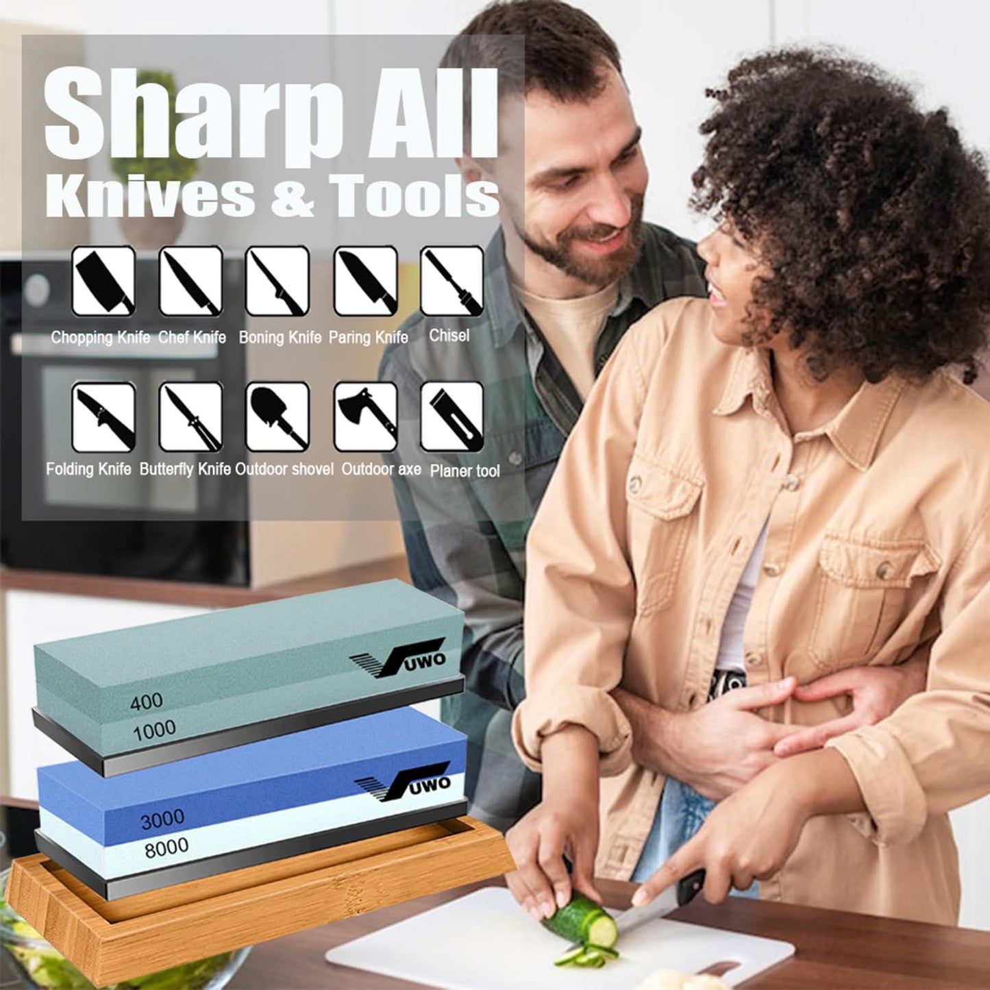 vuwo Knife Sharpening Stone Kit - Whetstone Grit 400/1000 3000/8000 Premium Knife Sharpener Wet Stone Set with Bamboo Base Angle Guide Flattening Stone Silicon Holder and Leather Strop