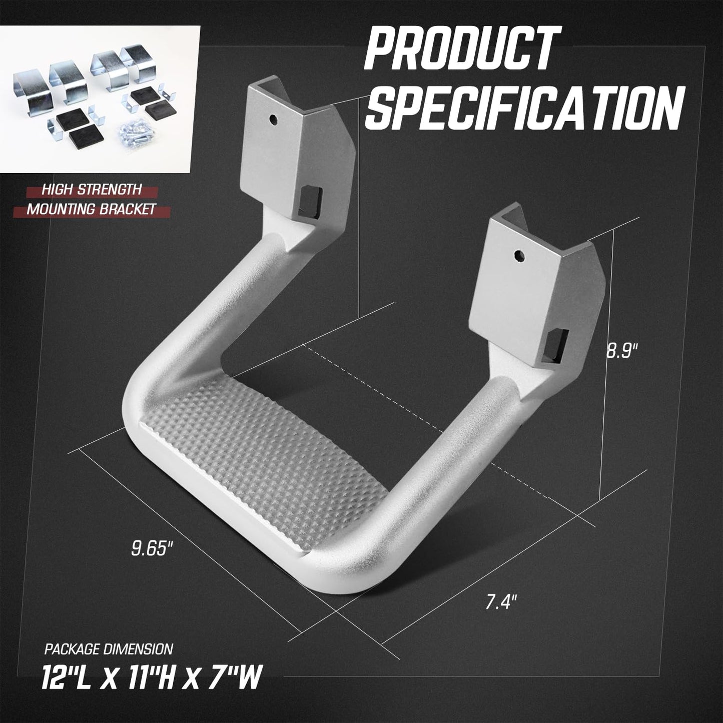 DNA Motoring Pair Aluminum Side Hoop Steps Universal Side Step Compatible with Chevy GMC Dodge Pickup Trucks SUVs, 11" L x 6" H x 12" W, 2 Pcs, Silver, SSTEP-SS