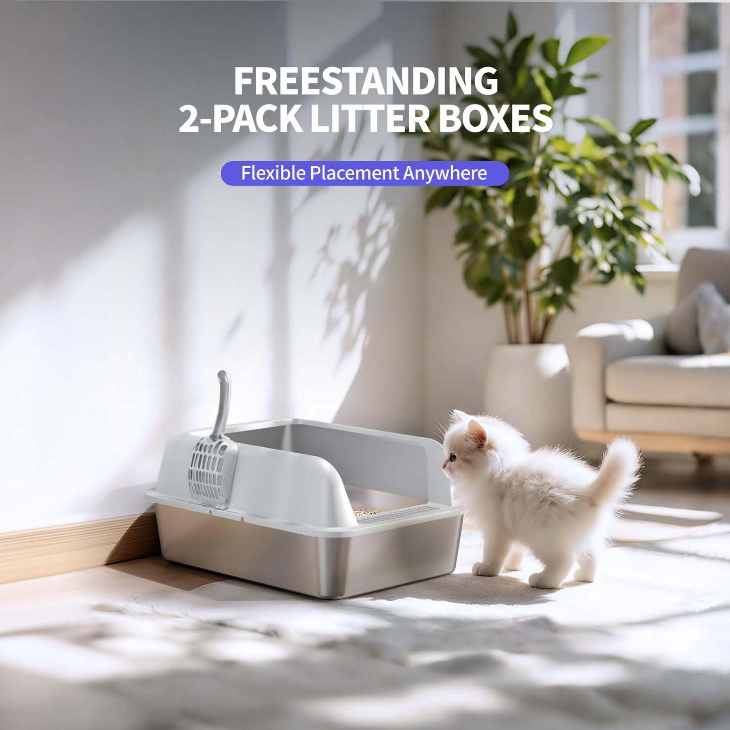 Fusblom 2 Pack Stainless Steel Cat Litter Box with Scoops, Non-Stick Easy Clean Metal Litter Box with Lid, Anti-Leakage Semi-Enclosed for Kittens/Multi-Cats, Medium-Dark Grey & Light Grey
