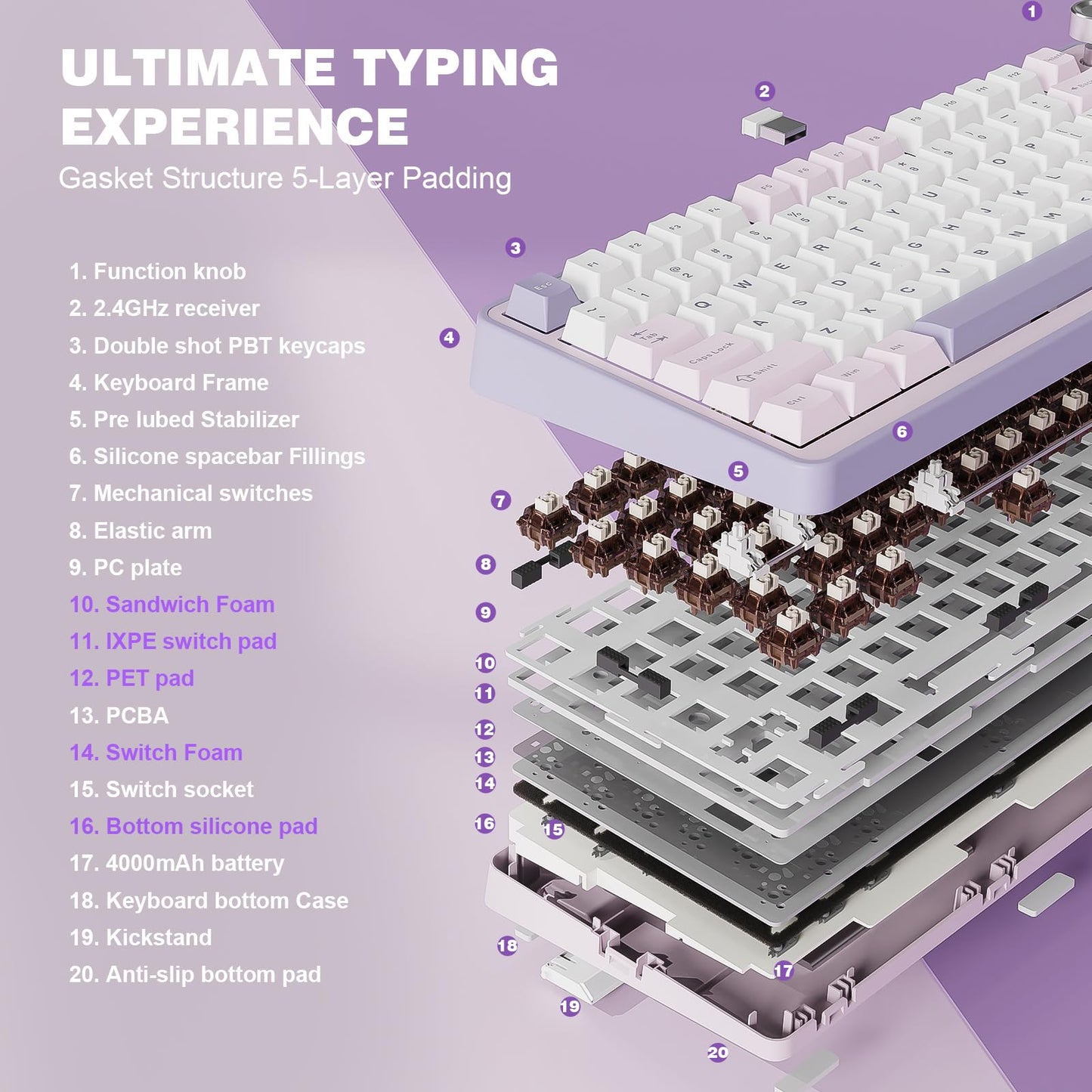 YUNZII B75 PRO Wireless Mechanical Keyboard,75% Layout with Knob,Hot Swap Gasket Custom Structure,Creamy Pre-lubed Switches,RGB Backlit,Bluetooth/Type-C/2.4G for Win/Mac(Cocoa Cream V2 Switch,Purple)