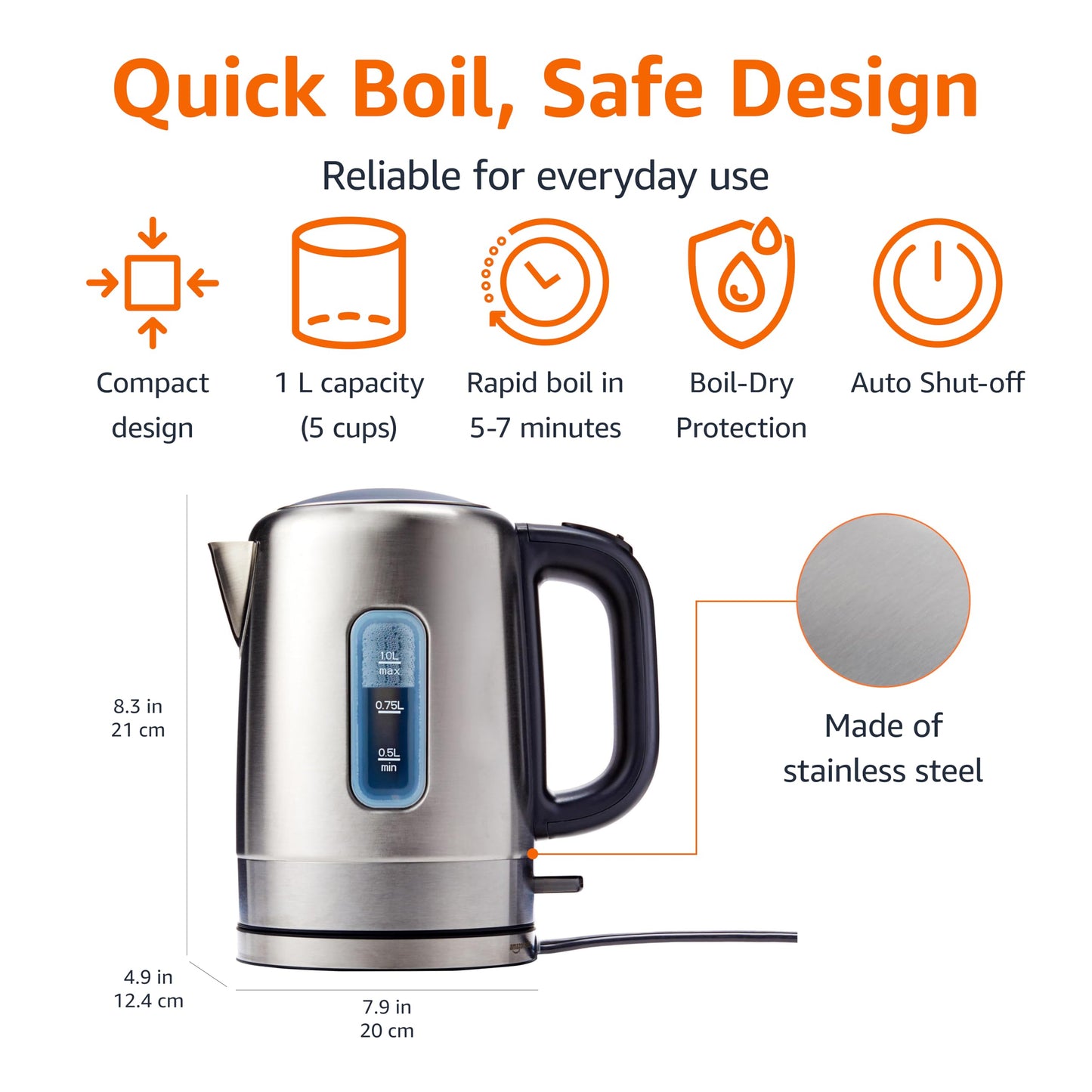 Amazon Basics 1.1-Qt (1.0L) Electric Kettle, Electric Tea Kettle & Water Boiler, With Auto Shut-Off, Boil Dry Protection, High-Safety Strix Thermostat, BPA-Free, 1500W, Stainless Steel, Black & Silver