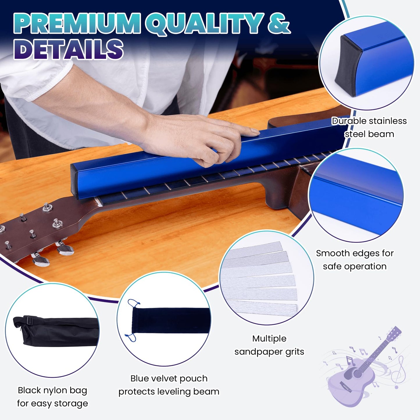 18" Fret Leveling Beam Guitar Fret Leveler Kit – Complete Guitar Tool Set with 12 Sandpaper Sheets (120–1000 Grit) & Storage Bags for DIY Fret Maintenance