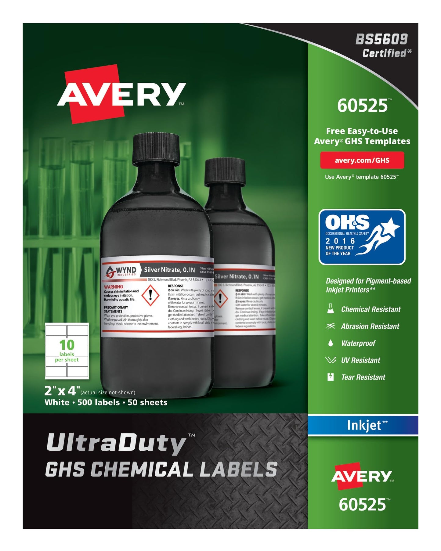 Avery UltraDuty GHS Chemical Labels for Pigment Inkjet Printers, Waterproof, UV Resistant, 500Pk (60525), White, 2" x 4"