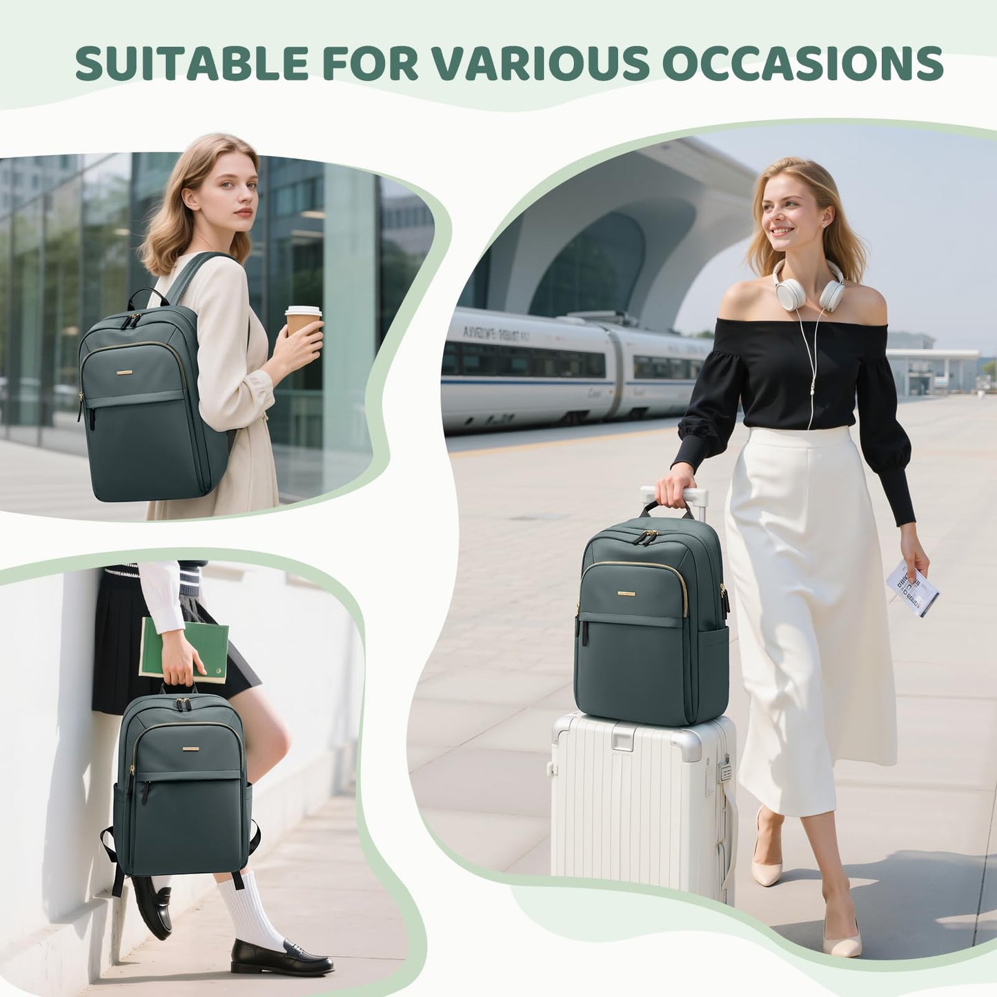 GOLF QUALITY Hiking Travel Backpack for Women Casual Business Weekender Multilayer Laptop Bag,16 Inch,DarkGreen