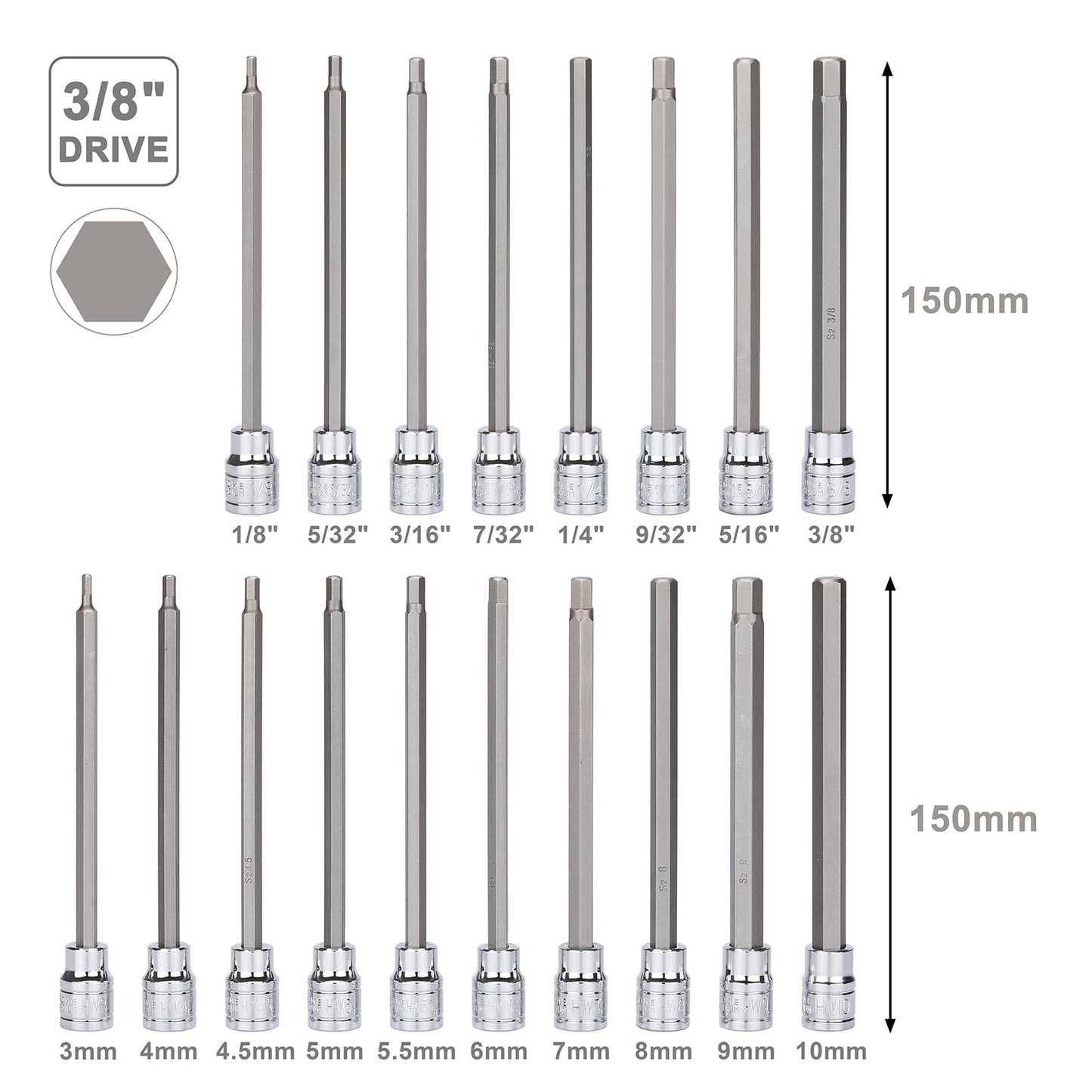 Mayouko 3/8" Drive Extra Long Allen Hex Bit Socket Set, S2&CR-V, Metric&SAE, 18 Pieces, 1/8" - 3/8", 3-10 mm