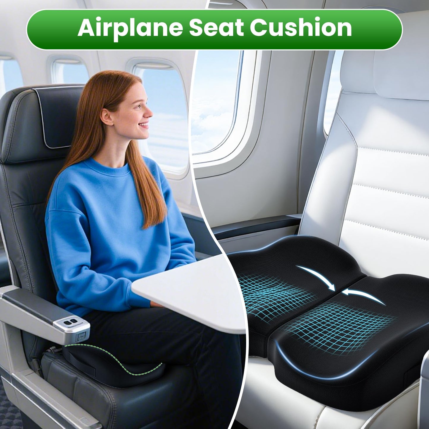 A-Pce Apce Foldable Travel Seat Cushion-with Built-in Handles，Memory Foam Cushions for Relief of Lower Back, Sciatic, Butt and Tailbone Pain-for Home & Office Use, Perfect for Travel or Driving-Black