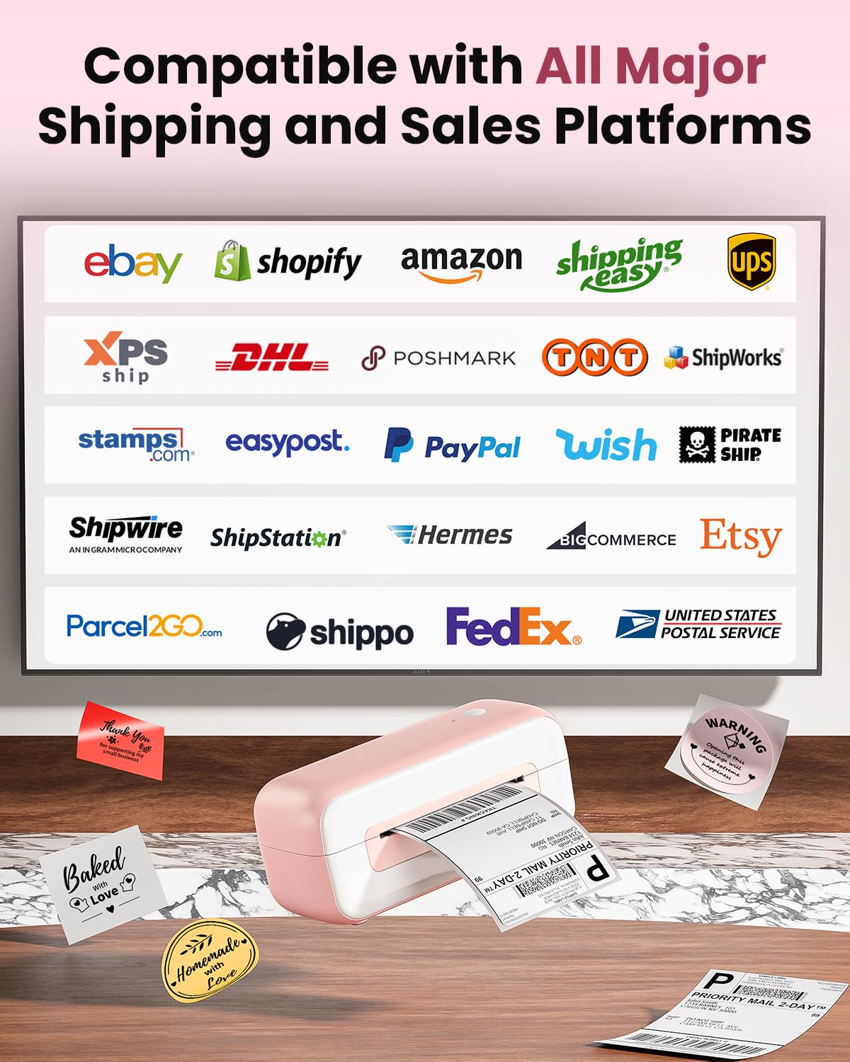 Phomemo Label Printer- Shipping Label Printer, Upgrade 4x6 Desktop Thermal Label Printer for Shipping Packages/Small Business/Office/Home- Pink