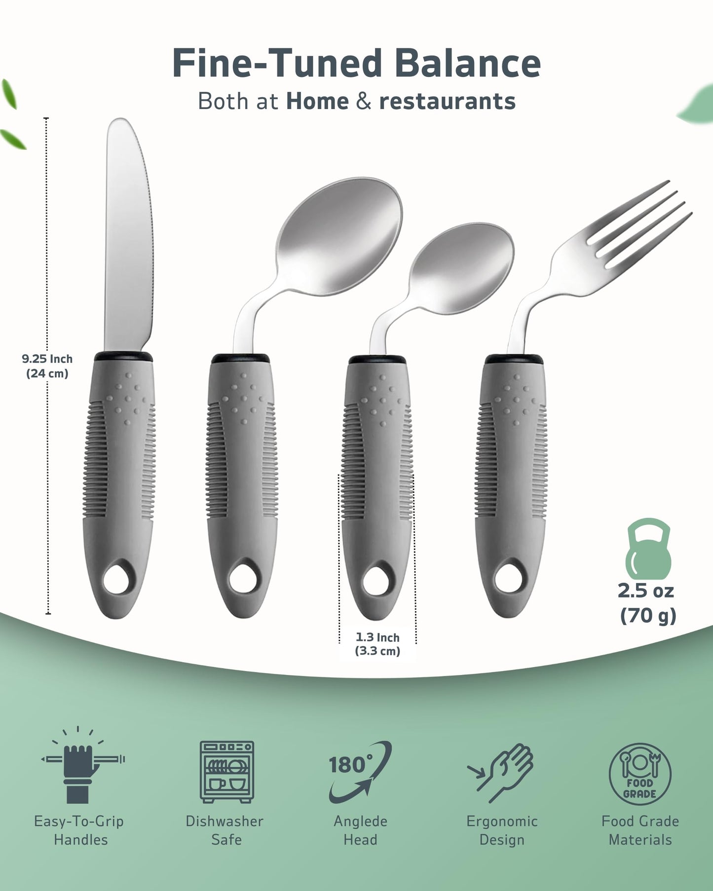BaseSmall - 2.5 oz Adaptive Utensils (4-Piece Kitchen Set) - 42° Angled Adaptive Cutlery for Parkinsons Patients, Hand Tremors, Arthritis and Elderly - Eating Silverware for Elderly (Left-Handed)