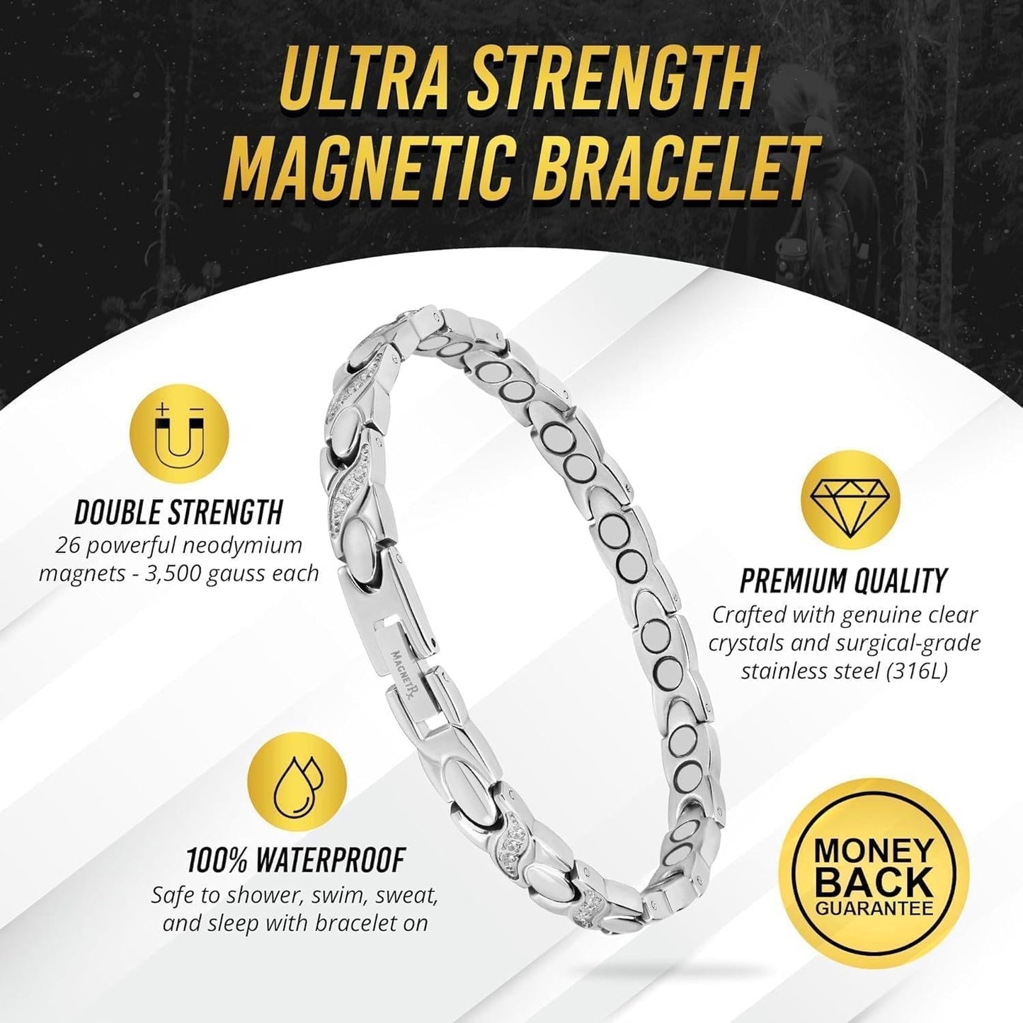 MagnetRX® Ultra Strength Magnetic Bracelets for Women – Double Magnet Stainless Steel Crystal Bracelet for Women – Adjustable Bracelet Length with Sizing Tool (Silver XO)
