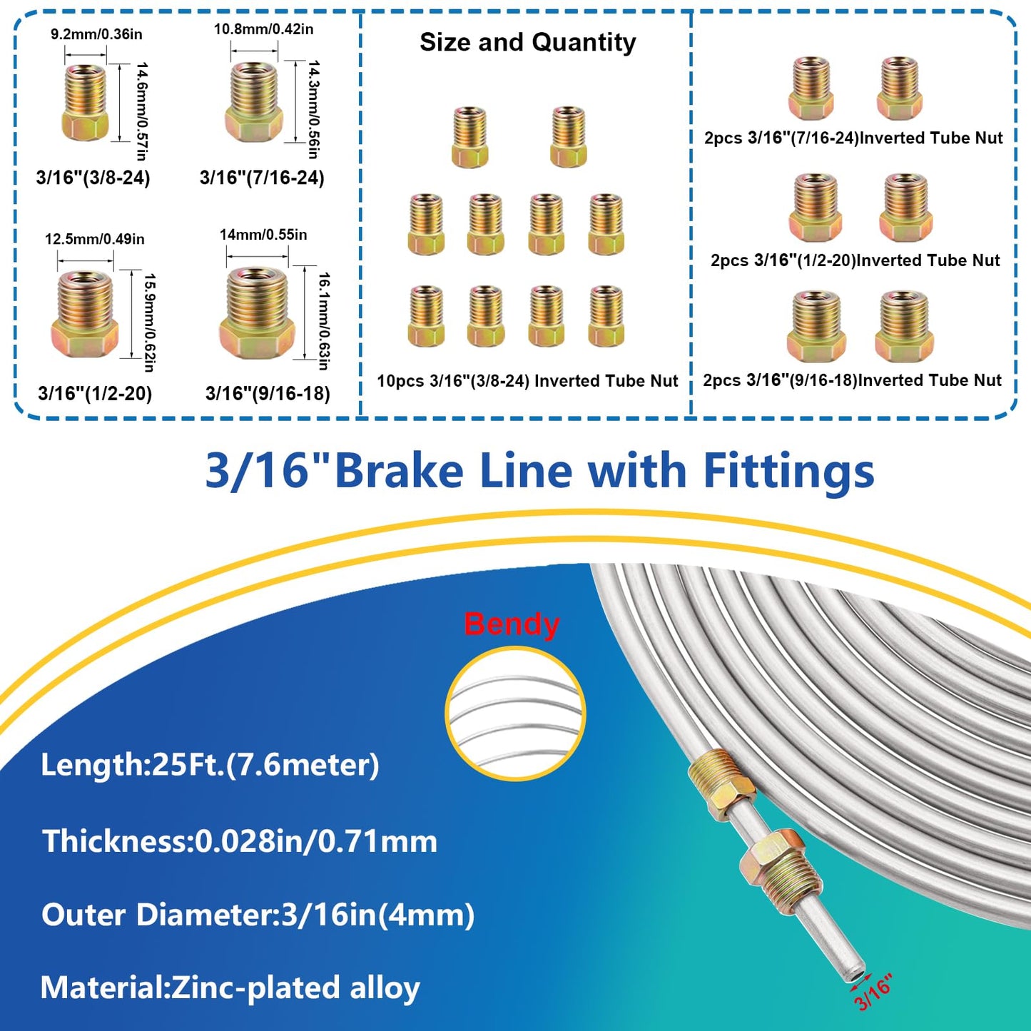 smseace 26Pack 3/16 Inch Brake line kit Include 25 FT Zinc-Plated Brake Lines with Fitting(16pcs Fittings,2pcs Union+4pcs Nut) Brake line Bender,Single Flare Tool,Cutter 3/16" Brake line kit