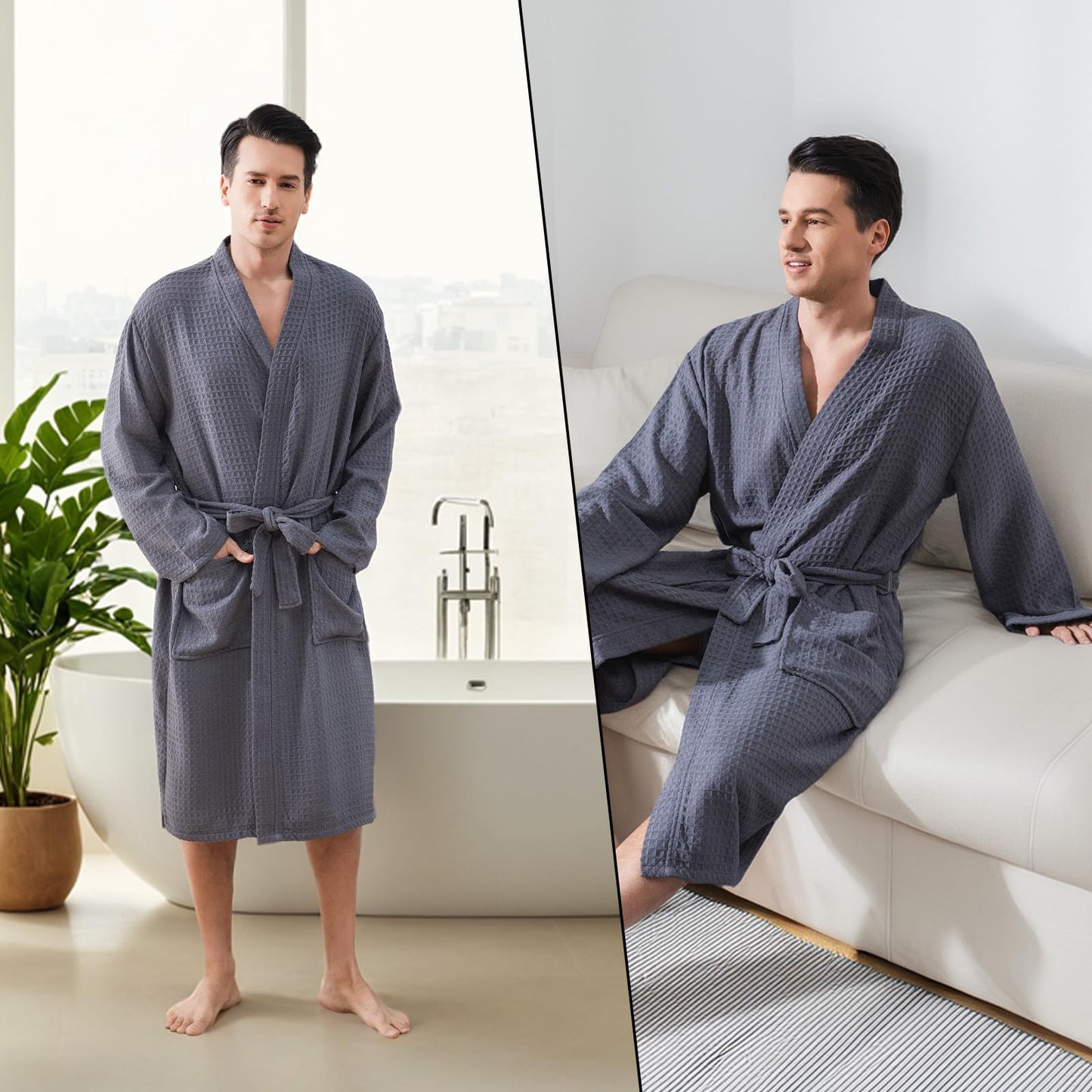 Mens Robes All-Season Waffle Lightweight Spa Knit Shawl Bathrobe Soft Knee Length Sleepwear