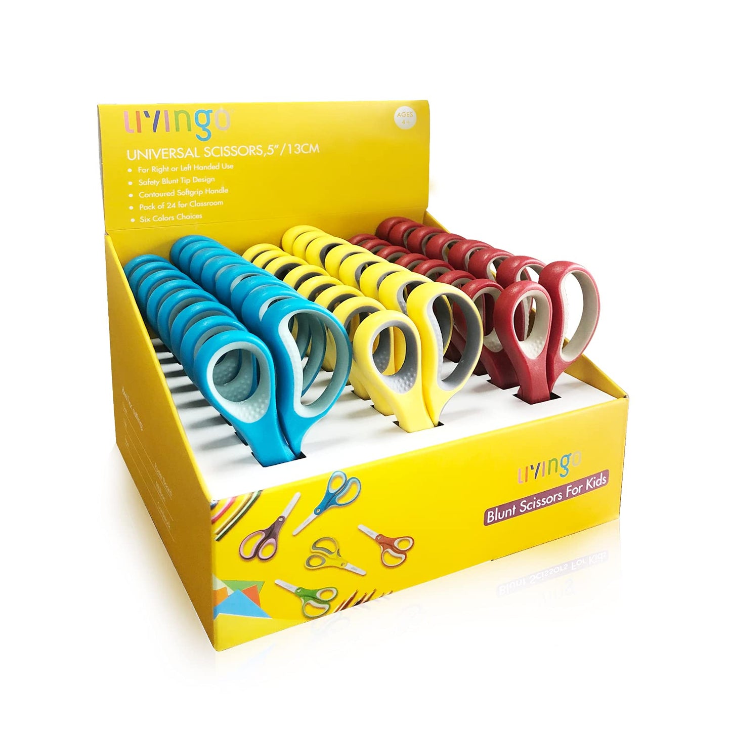 LIVINGO 24 Pack 5” Kids Scissors, Blunt Tip Safety Blade with Cover, Left/Right Handle, Bulk School Supplies Preschool Shears for Teachers Student Toddler Children Classroom Crafting Cutting Paper