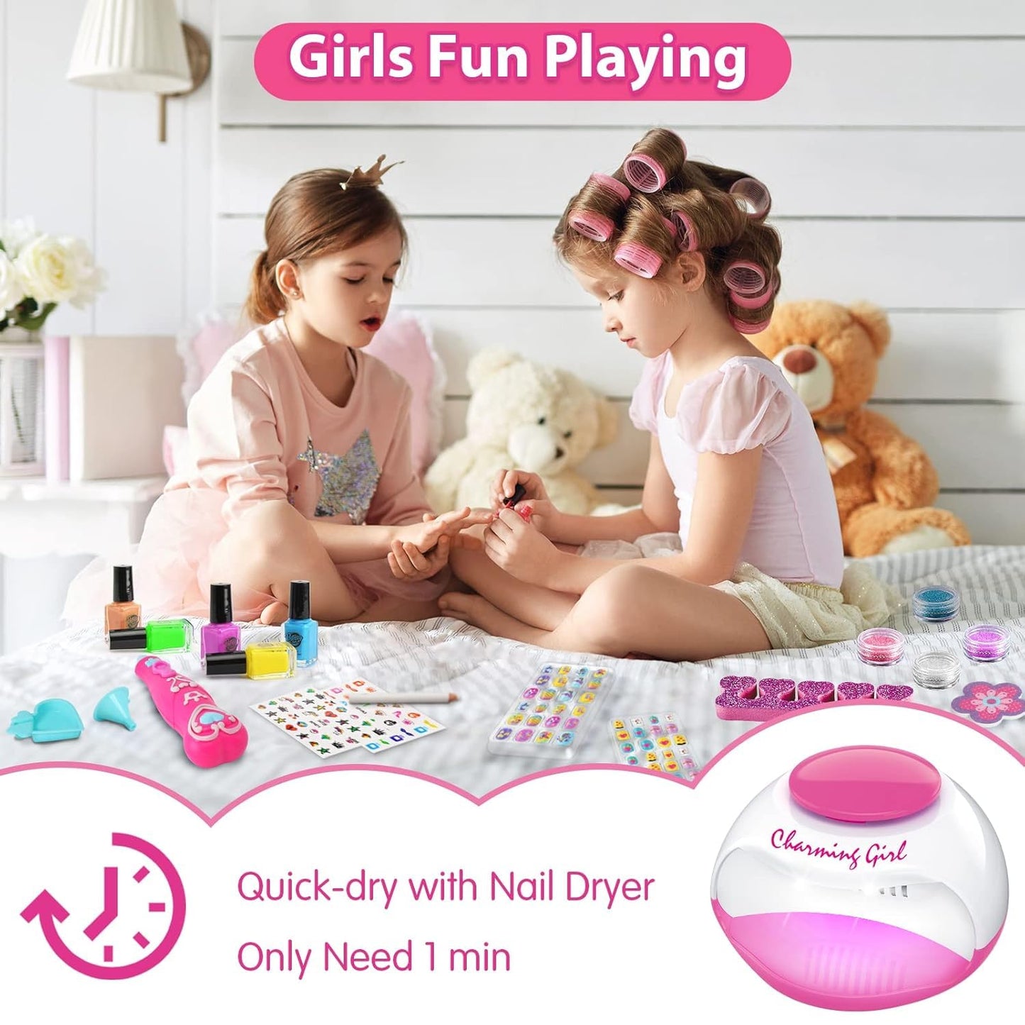 Kids Nail Polish Set for Girls, Nail Art Kits with Nail Dryer & Glitter Pen, Quick Dry & Peel Off & Non-Toxic Nail Polish, Christmas Birthday Gifts for Girls Ages 6 7 8 9 10 11 12