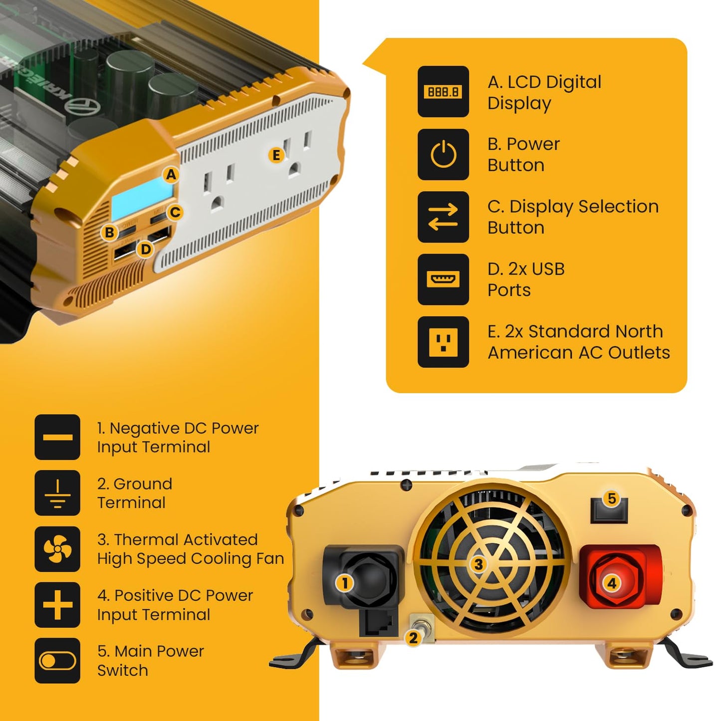 Krieger 1100 Watt 12V Power Inverter Dual 110V AC Outlets, Installation Kit Included, Automotive Back Up Power Supply for Blenders, Vacuums, Power Tools - ETL Approved Under UL STD 458
