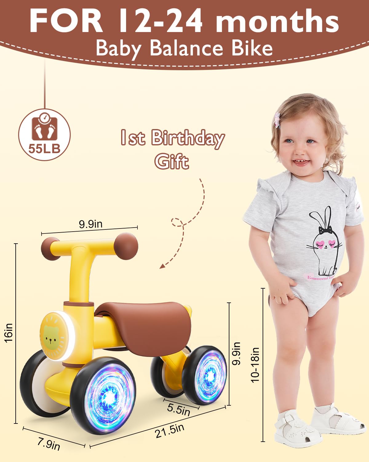 Baby Toys Balance Bike, Toddler Toys for 1 Year Old Girl Boy Gifts, Colorful Lighting Toddler Bike with Music and Soft Seat,First Bike for Baby 12-18 Months, Kids Gifts Toys Age 1 2