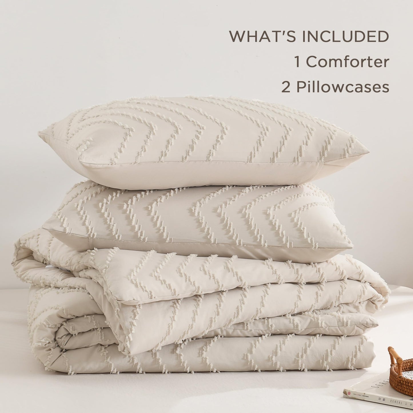 Andency Comforter Full Size Set, Beige Boho Cream Soft Warm Tufted Neutral Bedding Comforter Sets for Full Size Bed, 3 Pieces Aesthetic Chevron Farmhouse Cute Bohemian Textured Bedding Set