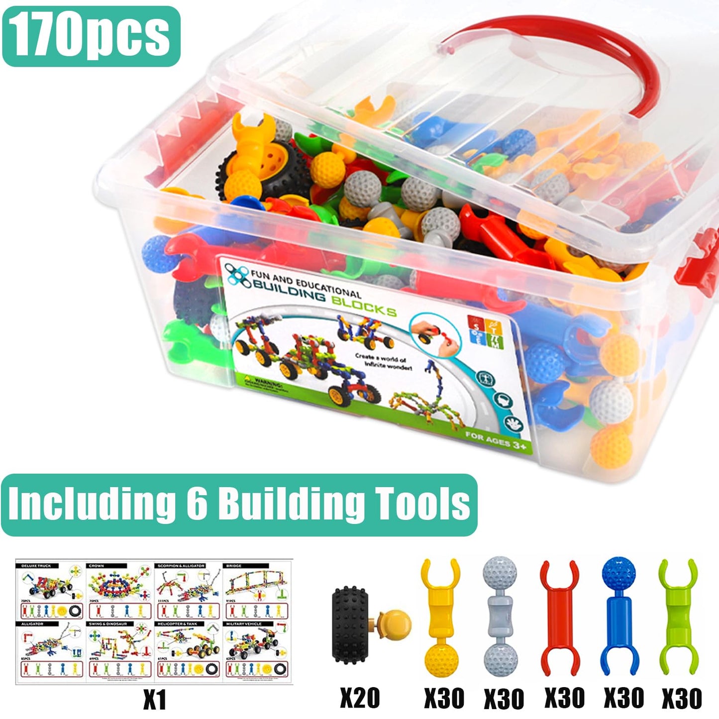 170 Pcs STEM Building Toys for Kids Ages 4-8, Building Blocks Educational Construction Engineering Building Kit for Ages 3 4 5 6 7 8 9 Year Old Creative Kids Games, Christmas Birthday Gifts Boys Girls