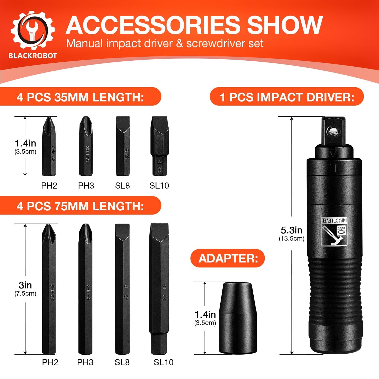 BLACKROBOT 1/2" Manual Impact Screwdriver Set, 10-Piece Reversible Hand Impact Driver, 5/16 Inch Bit Adapter S2 Steel Bits, Disengage Rusted Fasteners or Frozen Bolts
