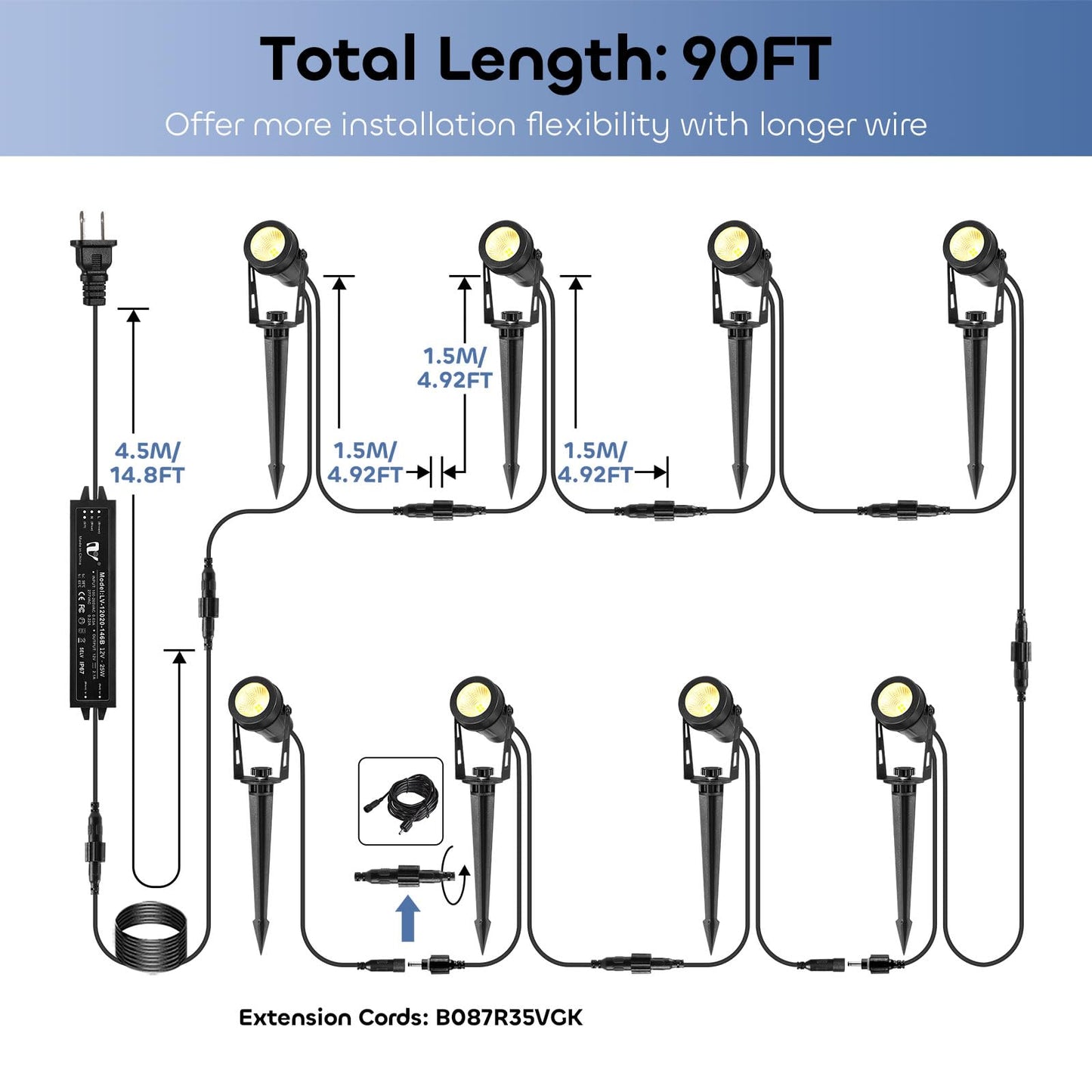 ECOWHO Landscape Lighting with Transformer, IP65 LED Outdoor Spotlights Waterproof 30W 2000LM Warm White 3000K Garden Lights, 90ft Cable for Garden Pathway Yard Tree Uplighting Patio (8 Pack)