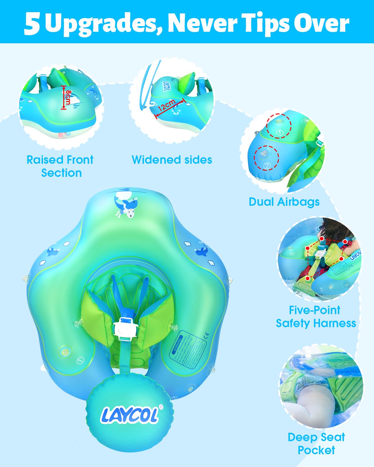 LAYCOL Baby Swimming Float with UPF50+ Sun Canopy Baby Floats for Pool No Flip Overbaby Pool for Baby Age of 3-36 Months