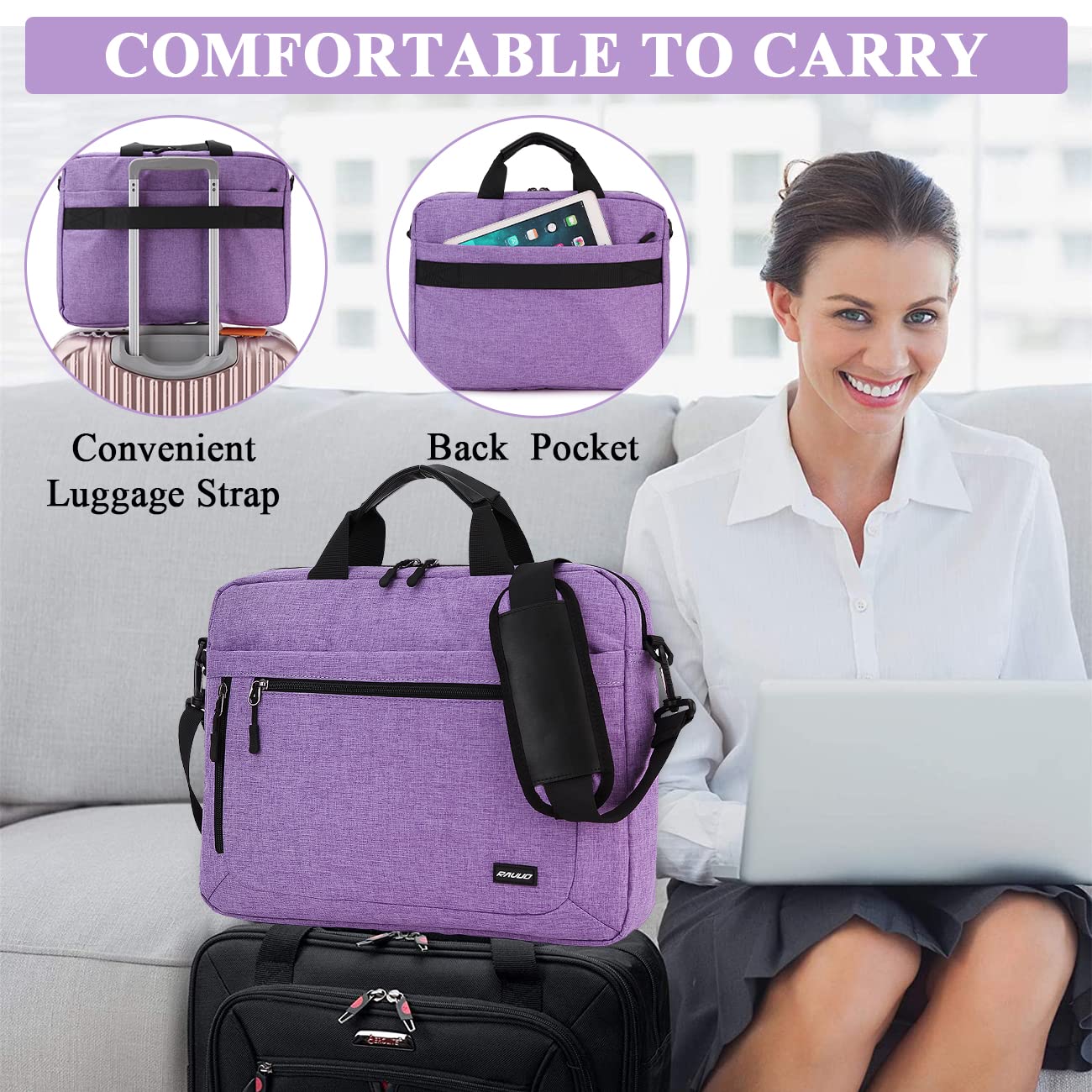 Laptop Bag for Women,RAVUO Water Resistant Lightweight 17inch Shockproof Laptop Shoulder Bag Sleeve Case Business Briefcase with Shoulder Strap Purple