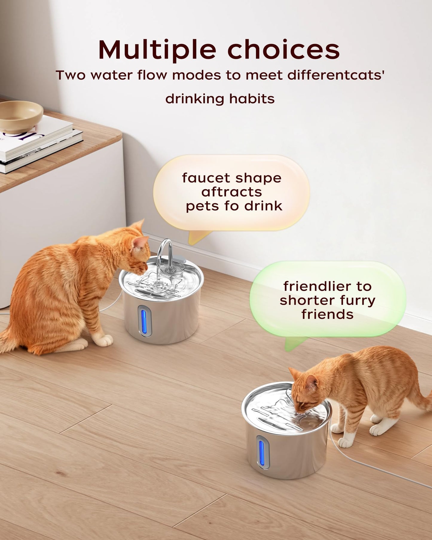 Cat Water Fountain,Stainless Steel Pet Water Dispenser 74oz/2.2L Automatic Cat Fountian,Indoor Quiet Pump Pet Water Fountian,Includes 8 Filters and 8 Sponges