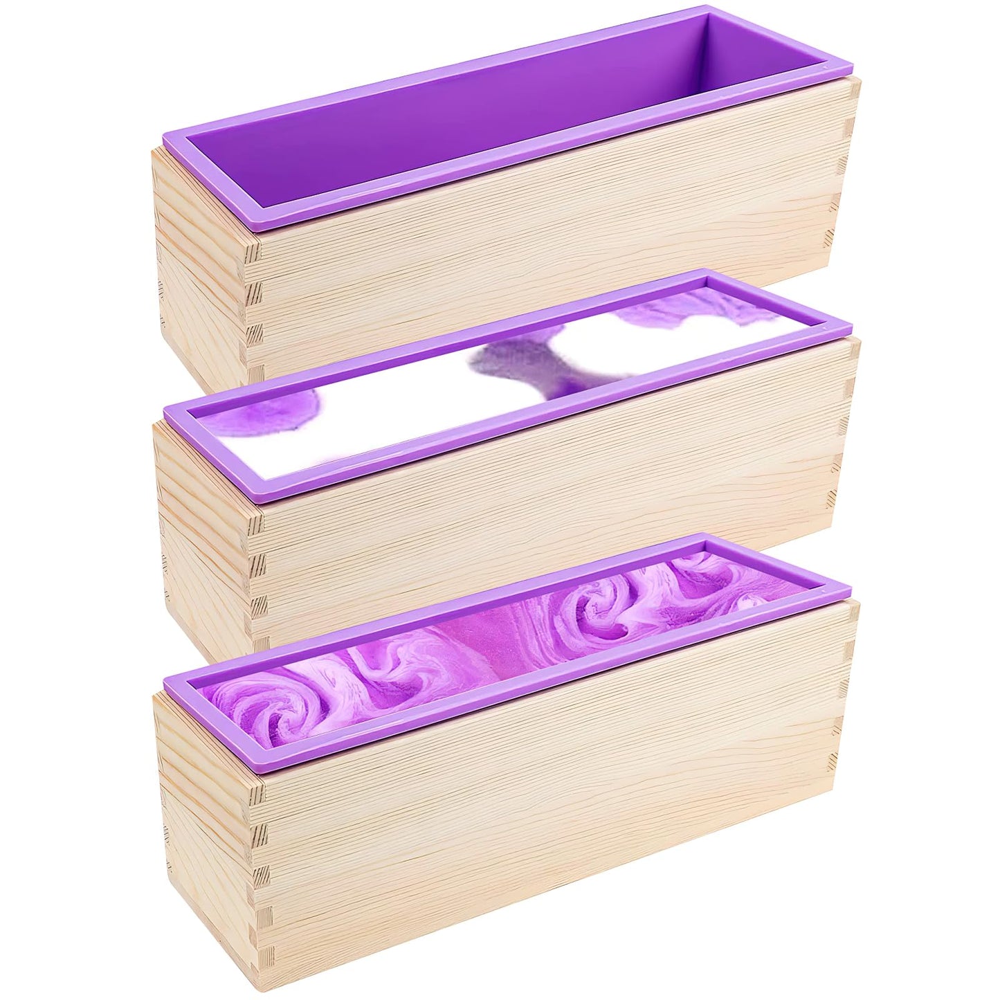 3 Pack 42oz Silicone Soap Molds, Flexible Rectangular Silicone Soap Making Tools Soap Molds Set DIY Handmade Loaf Soap Molds Kit with Wood Box For Soap Cake Candle Making(Purple)