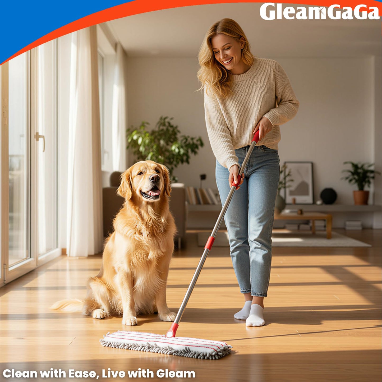 Microfiber Flip Mop, GleamGaGa Flat Mop with Stainless Steel Handle,Mops for Floor Cleaning and 4 Reusable Washable Mops Pads,Wet & Dry Dust Mopping for Hardwood,Vinyl,Laminate,Tile , Marble Cleaning