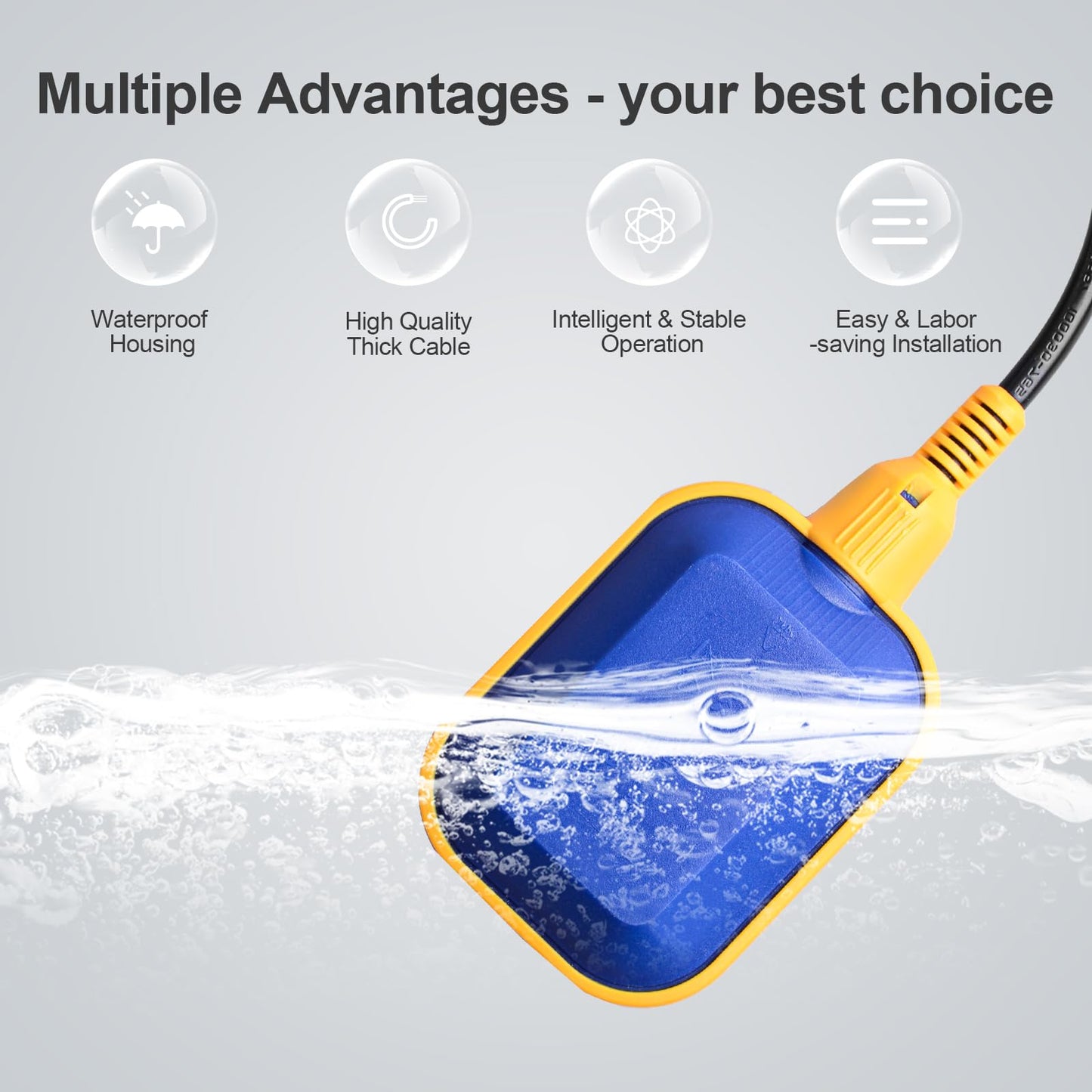 GUETNEU Universal Tethered Float Switch for Sump Pumps - 15A, 110~250V AC, Piggyback Style Plug, 10 Feet Cord - Ideal for Water Tanks, Sewage Pumps, Septic Tank Pumps, and More