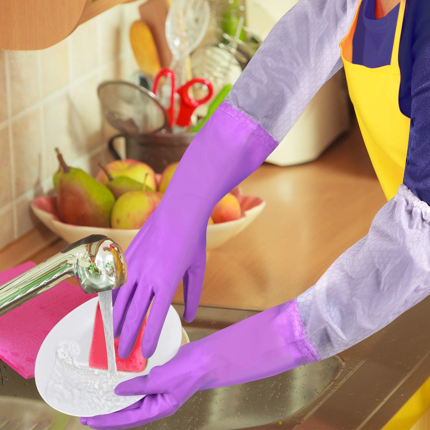 Reusable Dishwashing Cleaning Gloves with Latex Free, Long Cuff,Cotton Lining,Kitchen Gloves 2 Pairs (Large, Purple+Blue)