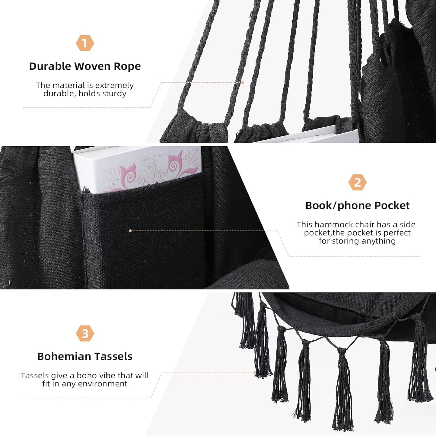 Goutime Swing Chair with 2 Hanging Chair Seat Cushions Pillows, Hammock Chair Swing with Carry Bag and Hardware Kit, Chair for Bedroom, Indoor/Outdoor Chair Reading Chair 330 Lbs (Dark Gray)