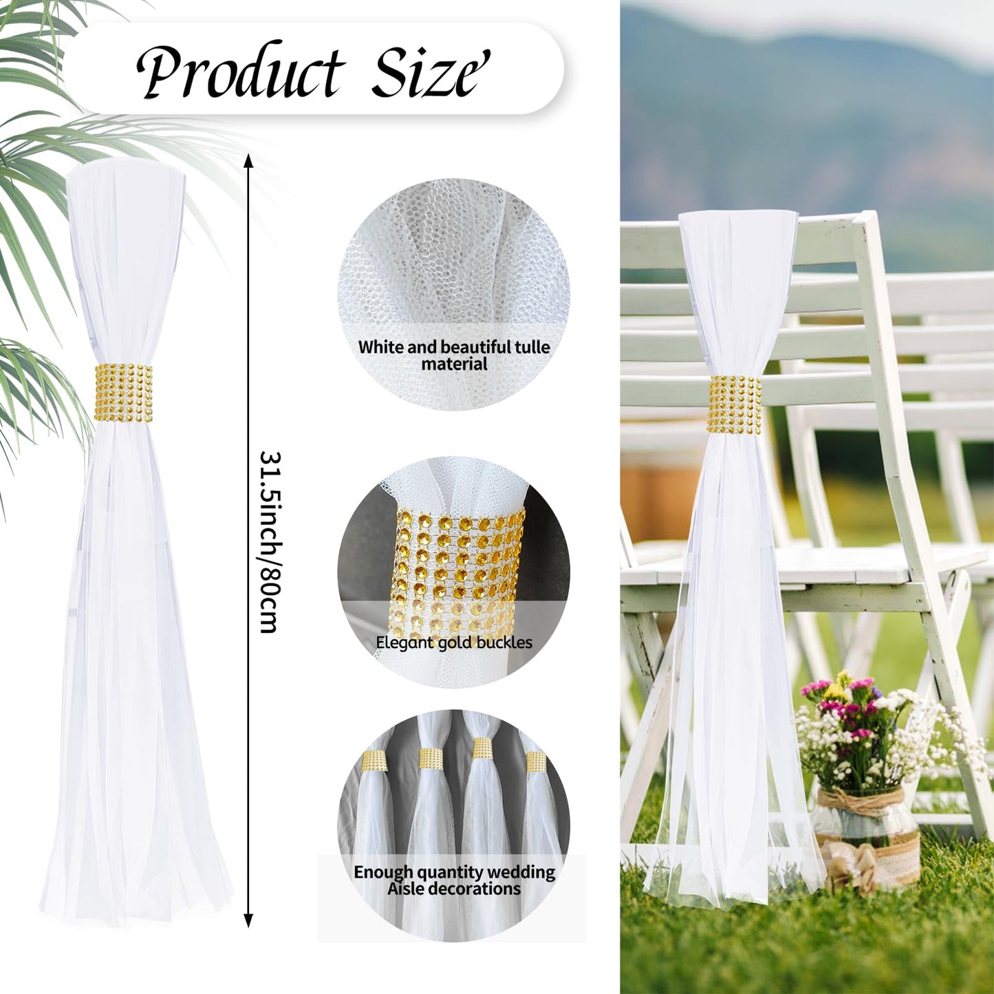 Large Extended White Pew Bows for Wedding Aisle and Church Decorations - Tulle Chair Decor, Flowers Runner for Ceremony Outside (26, Gold Wrap)