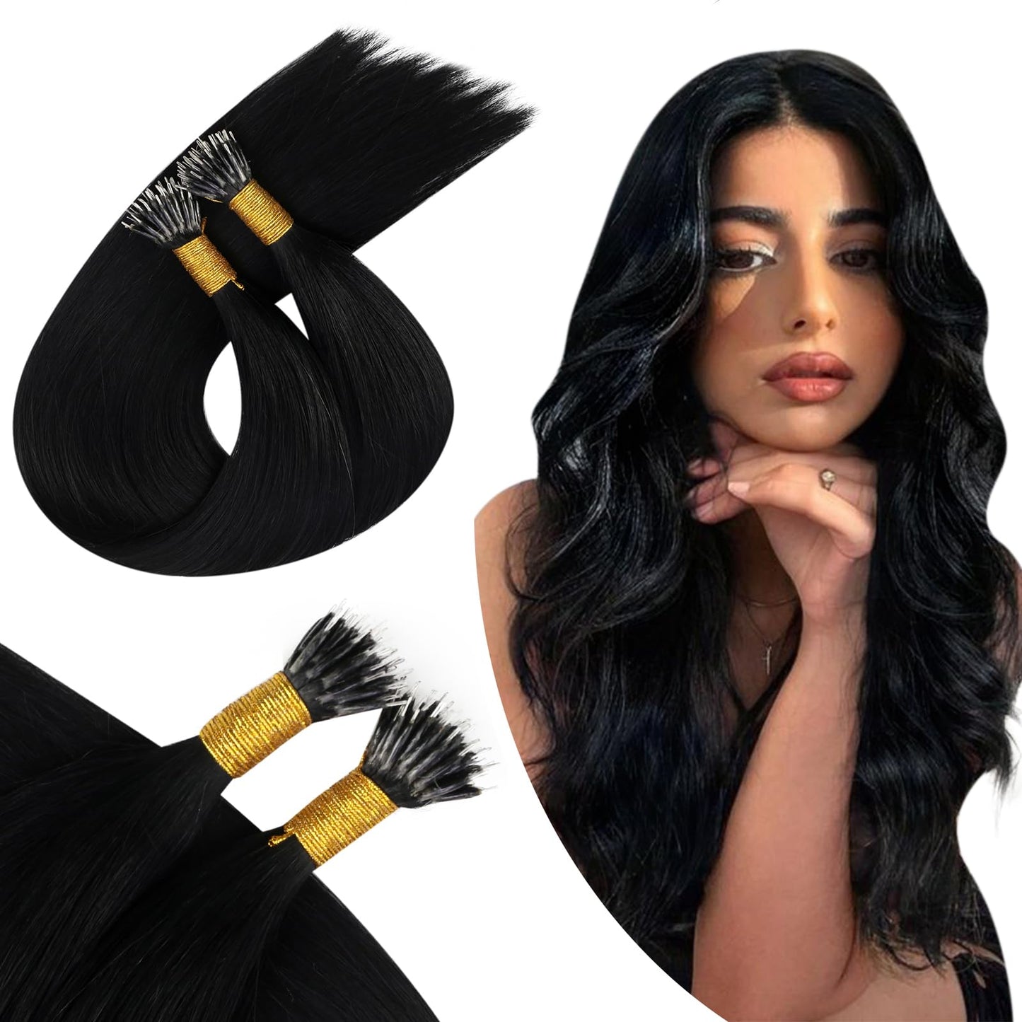 Ugeat Black Nano Beads Hair Extensions for Women Invisible Nano Tip Hair Extensions Human Hair Jet Black Human Hair Extensions Nano Extensions with Cold Fusion 22 Inch 50g 50s