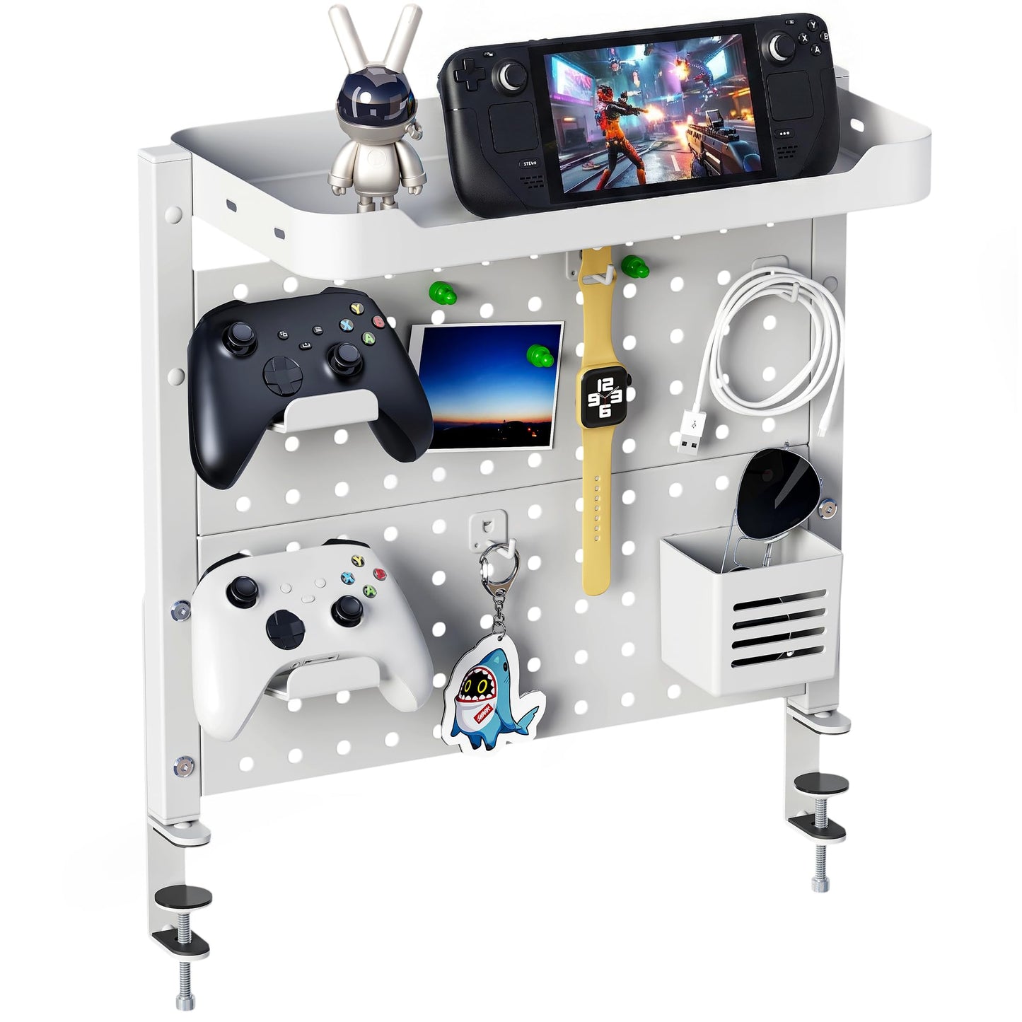 ARES WING Clamp On Desk Pegboard with 16 inches Organizer Shelf, Adjustable Above or Under Desk Storage Shelf Holds 44 lbs, Magnetic Metal Peg Board for Office and Gaming Accessories, White
