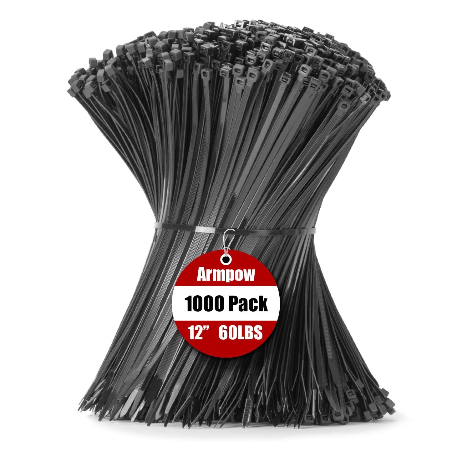 Armpow 12 Inch Zip Ties Black 1000 PCS, 60 Lbs- Heavy Duty Tensile Strength, Nylon PA66 UV Resistant Cable Ties for Indoor and Outdoor Use - Ideal for object bundling and fastening