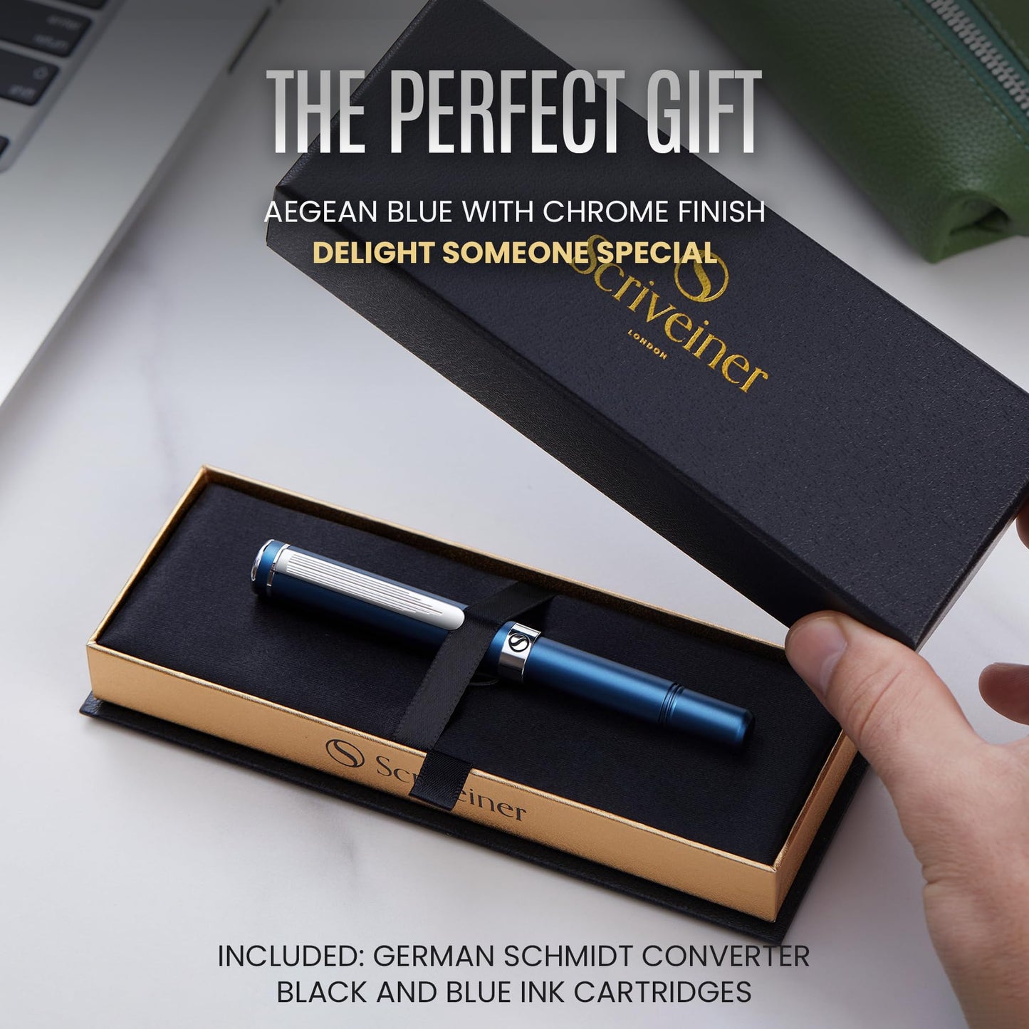 Scriveiner Luxury EDC Fountain Pen (Medium), Stunning Matt Blue Pocket Pen, Chrome Finish, Schmidt German Nib, Converter, Best Writing Pen Gift Set for Men & Women, Nice Fancy Office Designer Pen