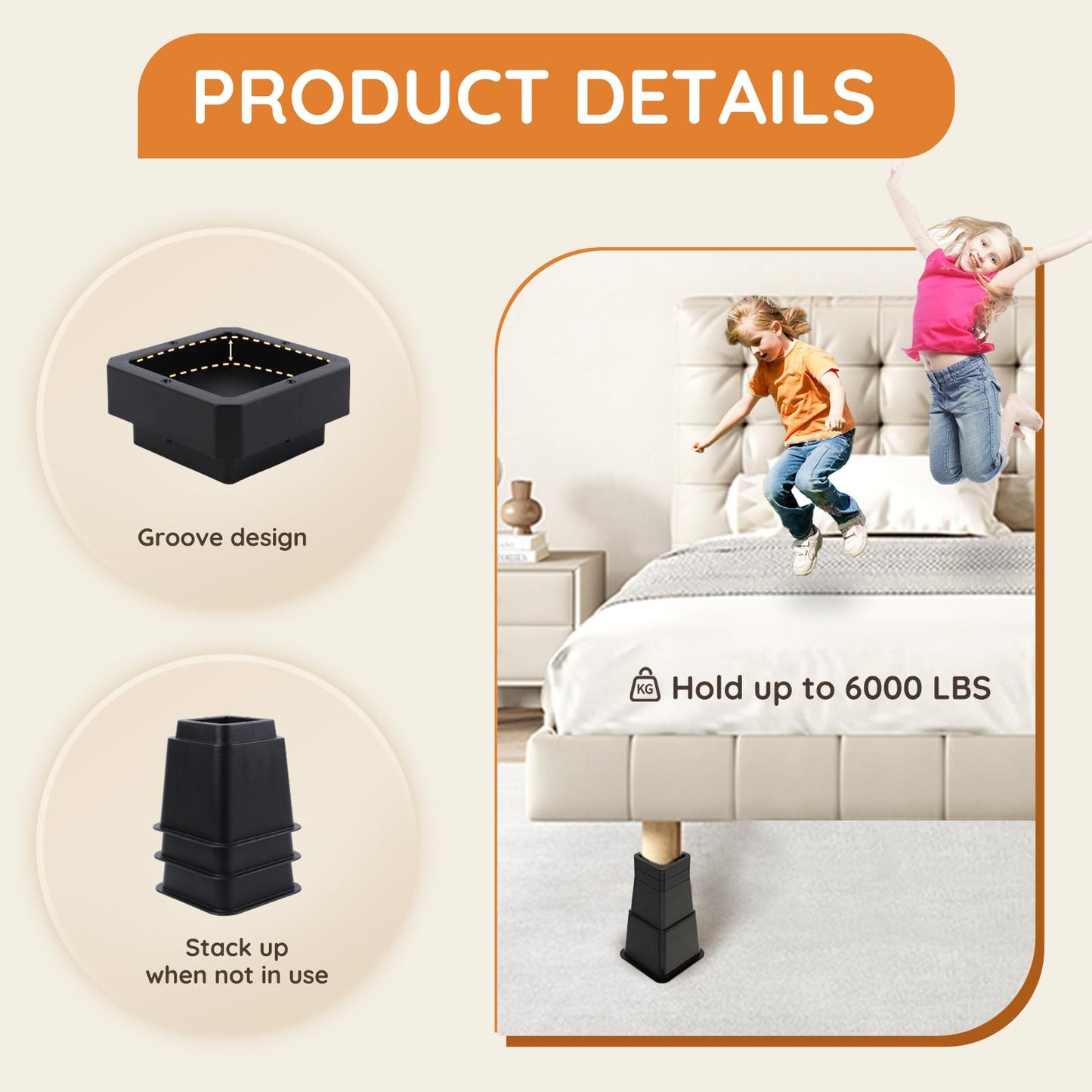 Bed Risers, Oversized Furniture Risers, 1/2/3/4/5/6/7/8/9/10 inches Adjustable Raise Blocks for Bed Couch Desk Sofa Table Lifts, Furniture Legs Lifters Support up to 6000 Lbs (Black, 4 Pack Set)