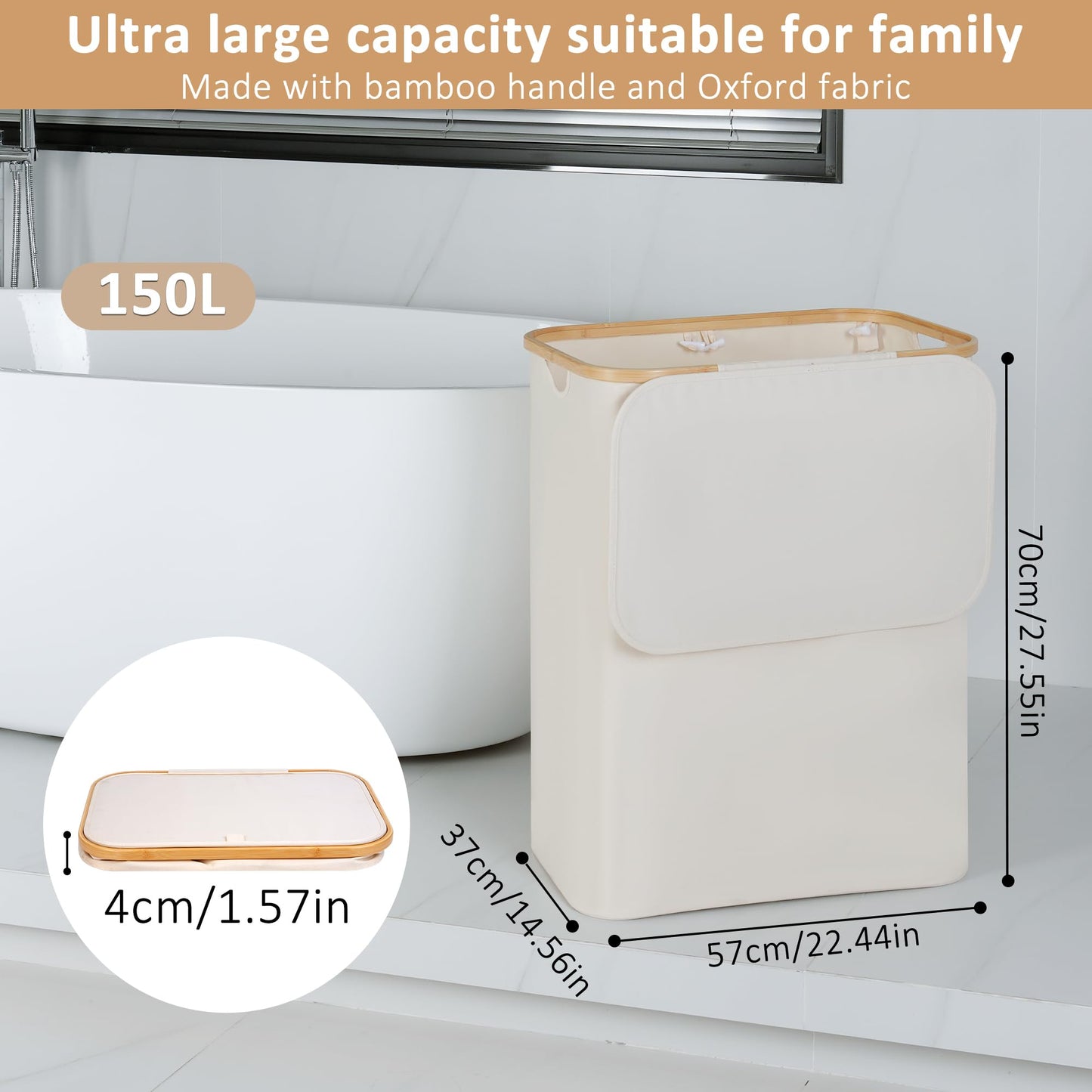 iEGrow 150L Laundry Basket with Lid, Large Laundry Hamper with Bamboo Handle, Collapsible Dirty Clothes Hamper Organizer with Removable Inner Bag for Clothes Toys Towels,Beige