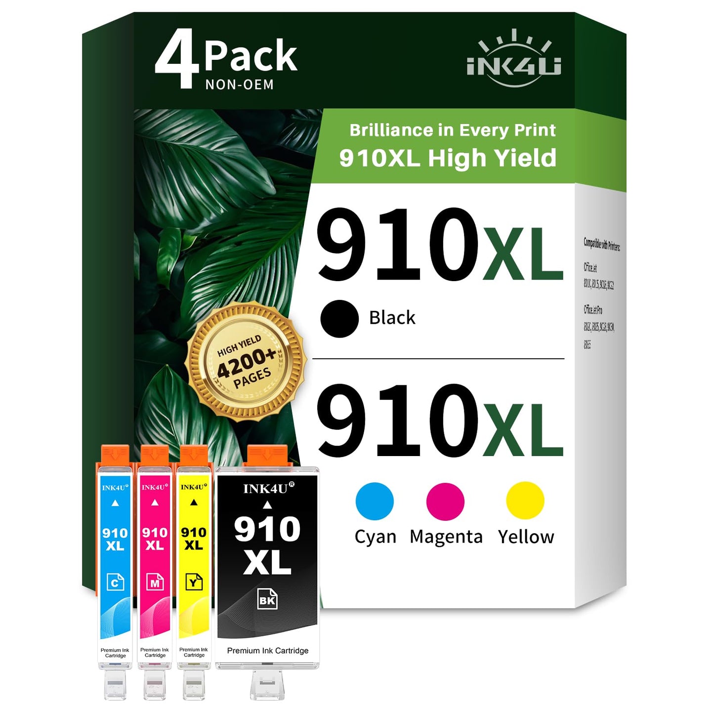 910XL Ink Cartridges Combo Pack Compatible Replacement for HP 910XL 910 Ink Cartridges to Use with HP OfficeJet Pro 8020 8025 8028 8030 8035 8010 8015 8018 8022 Printer (1BK/1C/1M/1Y, 4 Pack)