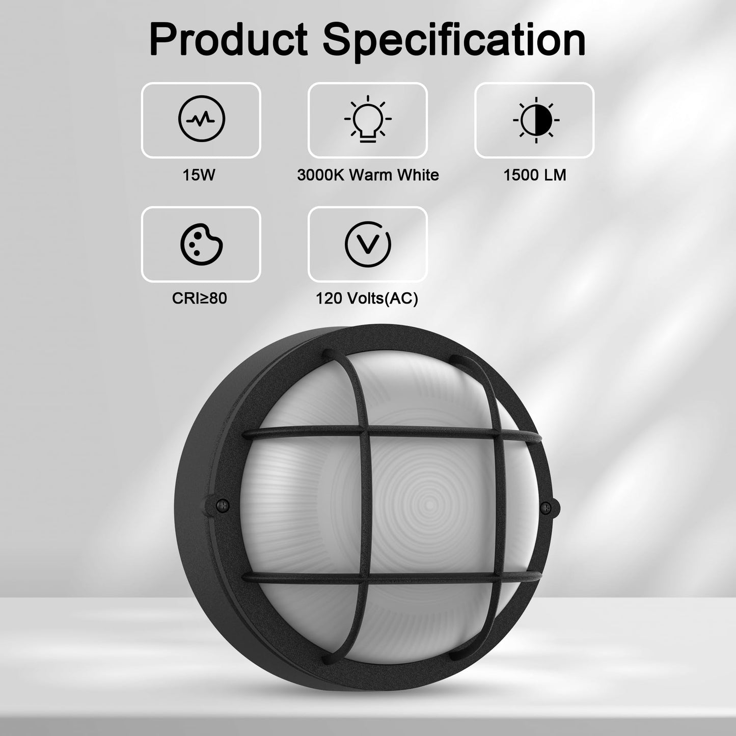 8 Inch Black Round Bulkhead LED Light Set of 2,Nautical Outdoor Light Black Round LED Sauna Lights 3000K,1500LM,15W
