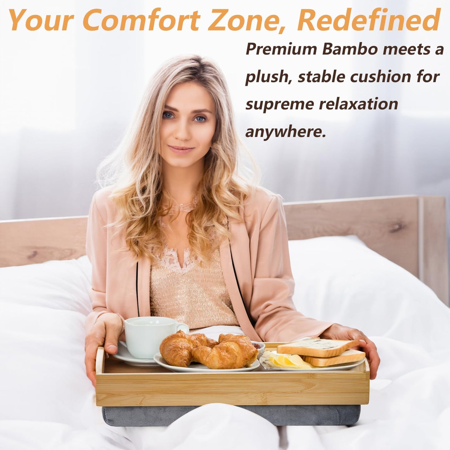 TOPZEA Bamboo Lap Tray with Detachable Cushion, 16.5"x 12.5" Bed Trays TV Lap Desk, Breakfast Meal Serving Tray with Handle for Adults Eating in Recliner, Couch, Car, Fits for 13-14 Inch Laptops