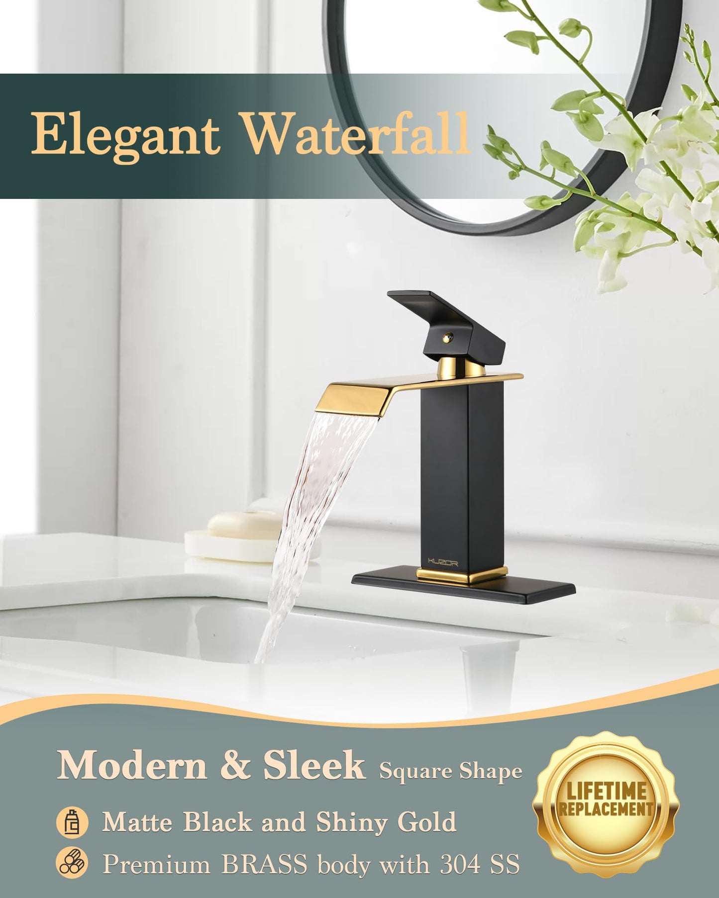 KUZOR Black & Gold Waterfall Bathroom Sink Faucet – Single Hole 304 Stainless Steel Faucet with Metal Pop-Up Drain, Low-Profile Design for Modern Vanities