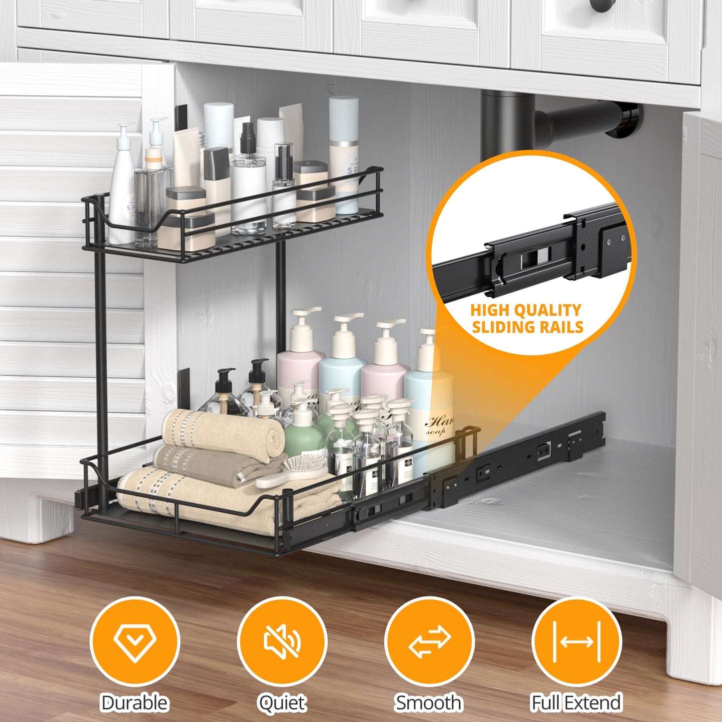 2 Pack Heavy Duty Under Sink Organizer, Pull Out Cabinet Organizer for KItchen Bathroom, 2 Tier Kitchen Sink Organizer and Storage, Fully Extendable, Large-sized, 16.7"D x 13"W x 15.7"H