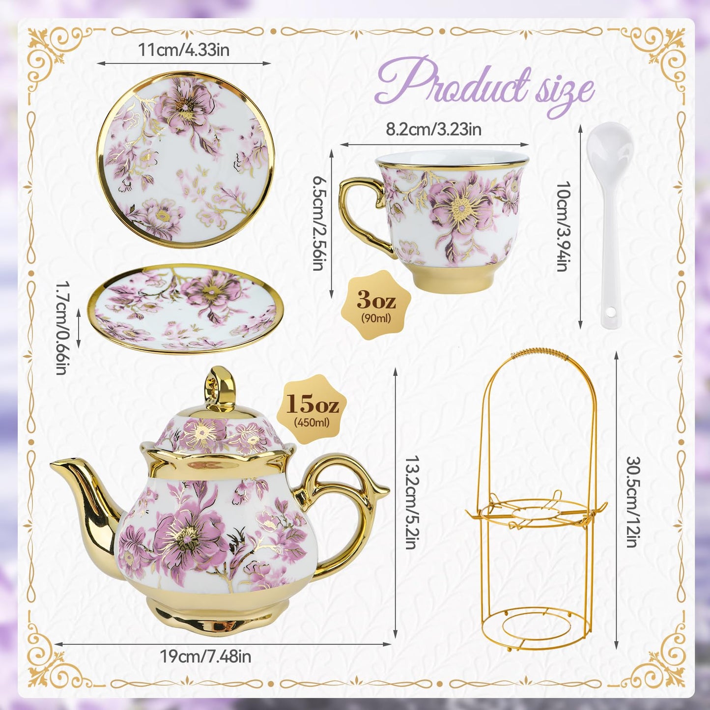 20Pcs Porcelain Tea Set for Adults, European Ceramic Tea Set Flower Ceramic Tea Cups (3oz), Teapot (15oz), & Saucers with Metal Holder for Women Tea Party (Purple)